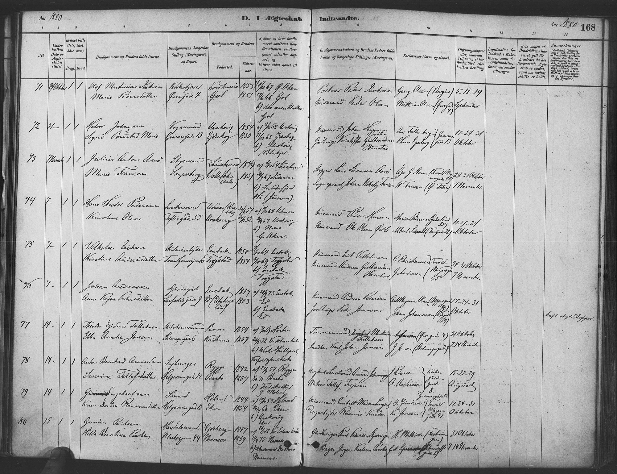 Paulus prestekontor Kirkebøker, SAO/A-10871/F/Fa/L0004: Parish register (official) no. 4, 1879-1891, p. 168