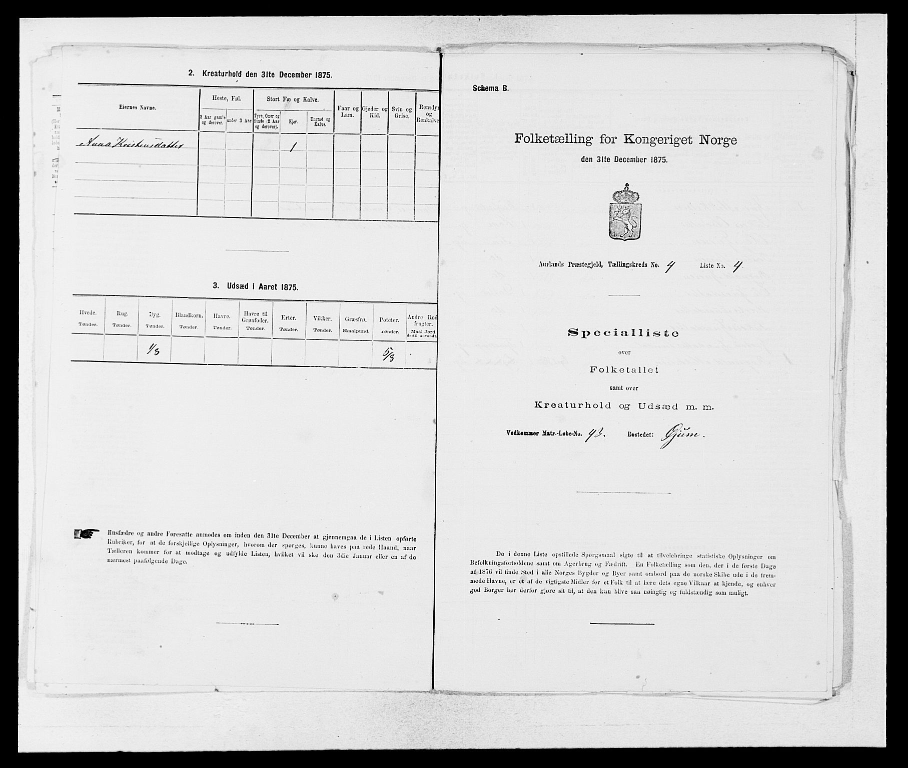 SAB, 1875 census for 1421P Aurland, 1875, p. 422