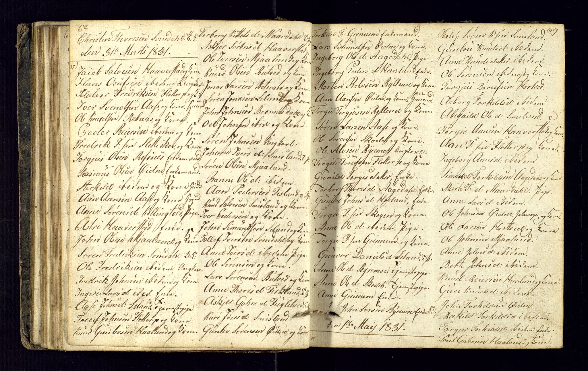 Bjelland sokneprestkontor, SAK/1111-0005/F/Fc/Fcc/L0001: Communicants register no. C-1, 1825-1842, p. 68-69