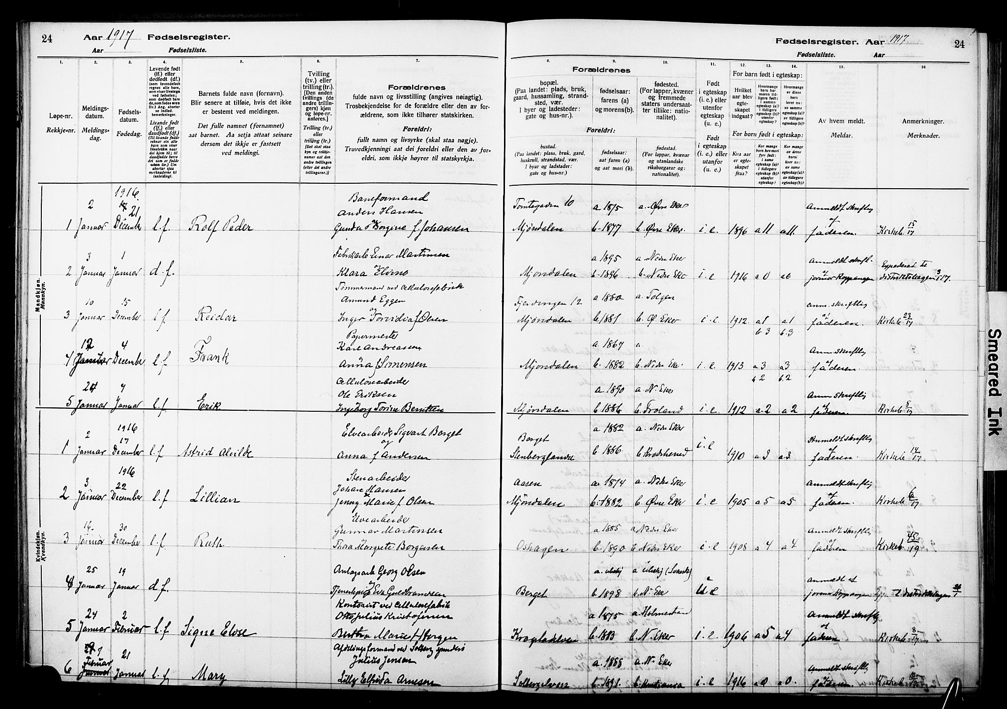 Nedre Eiker kirkebøker, AV/SAKO-A-612/J/Ja/L0001: Birth register no. 1, 1916-1925, p. 24