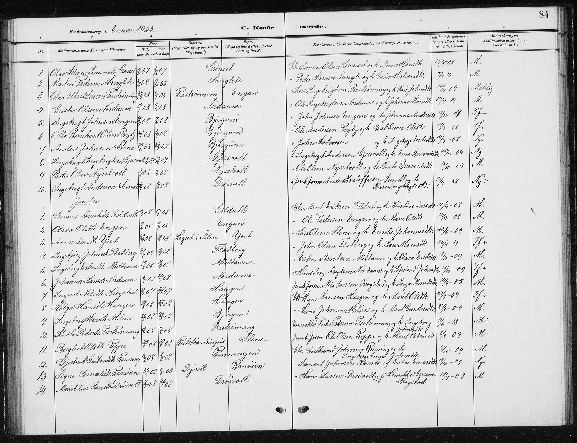 Ministerialprotokoller, klokkerbøker og fødselsregistre - Sør-Trøndelag, SAT/A-1456/685/L0979: Parish register (copy) no. 685C04, 1908-1933, p. 84