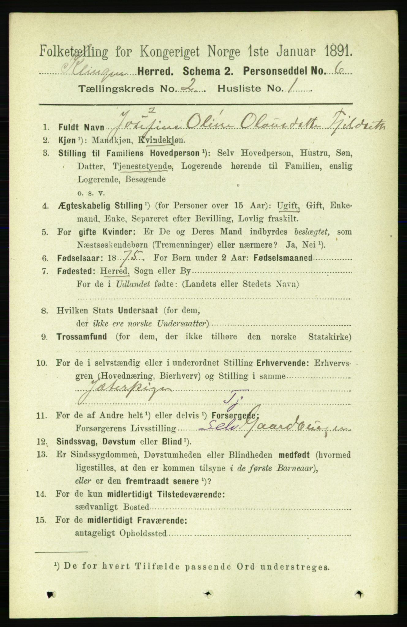 RA, 1891 census for 1746 Klinga, 1891, p. 501