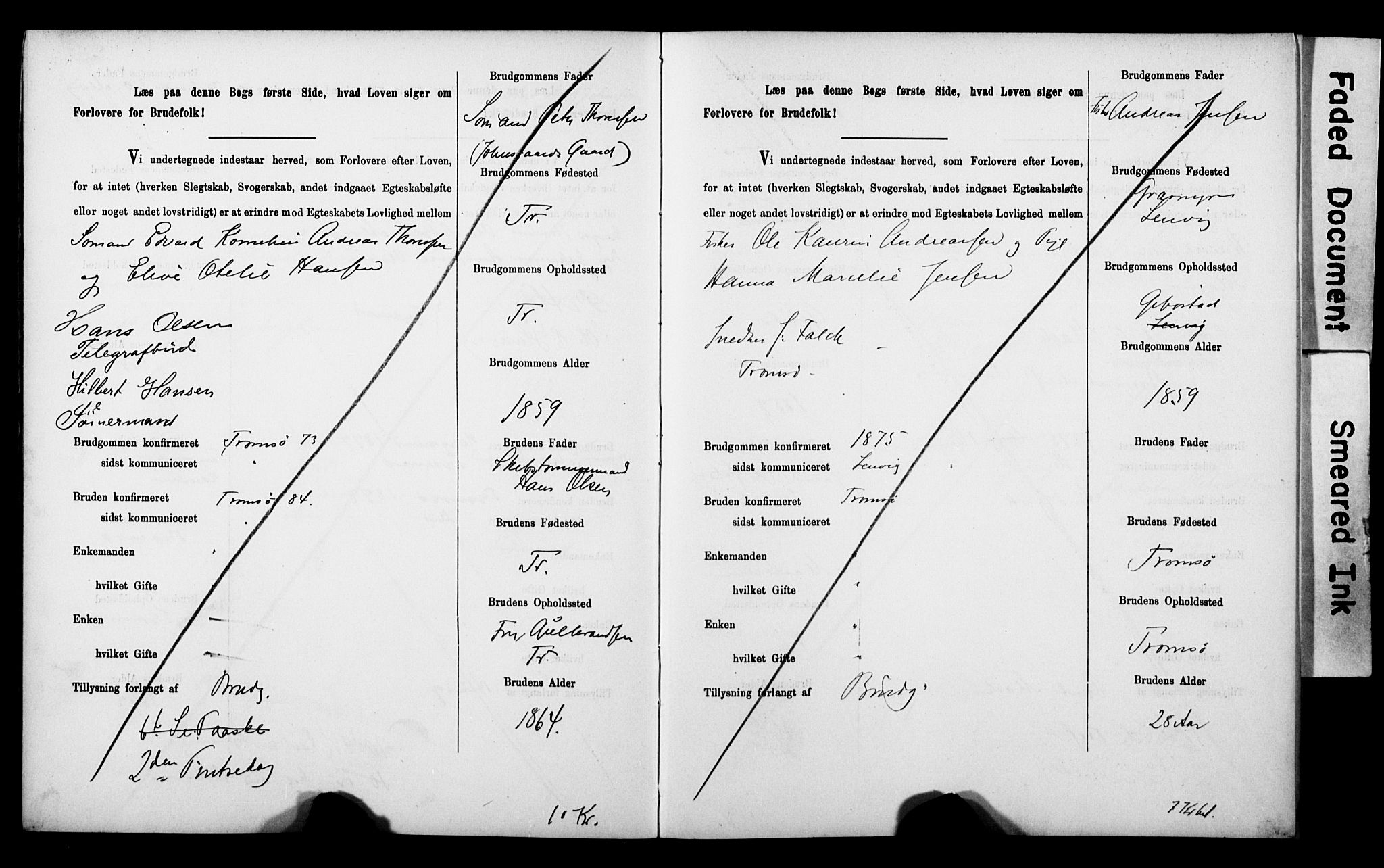 Tromsø sokneprestkontor/stiftsprosti/domprosti, AV/SATØ-S-1343/H/Hc/L0099/0001: Banns register no. 99.1, 1886-1892