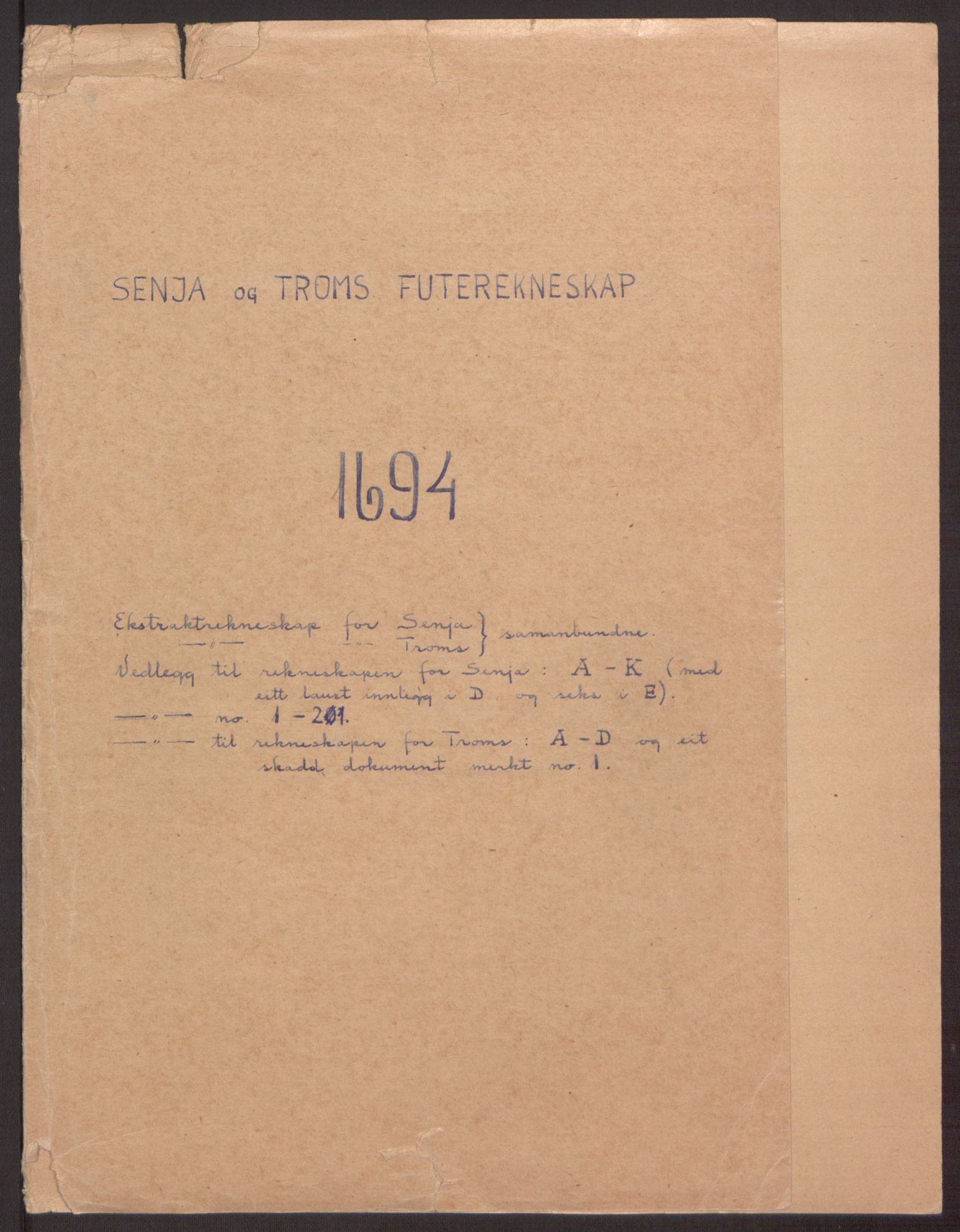 Rentekammeret inntil 1814, Reviderte regnskaper, Fogderegnskap, RA/EA-4092/R68/L4753: Fogderegnskap Senja og Troms, 1694-1696, p. 2