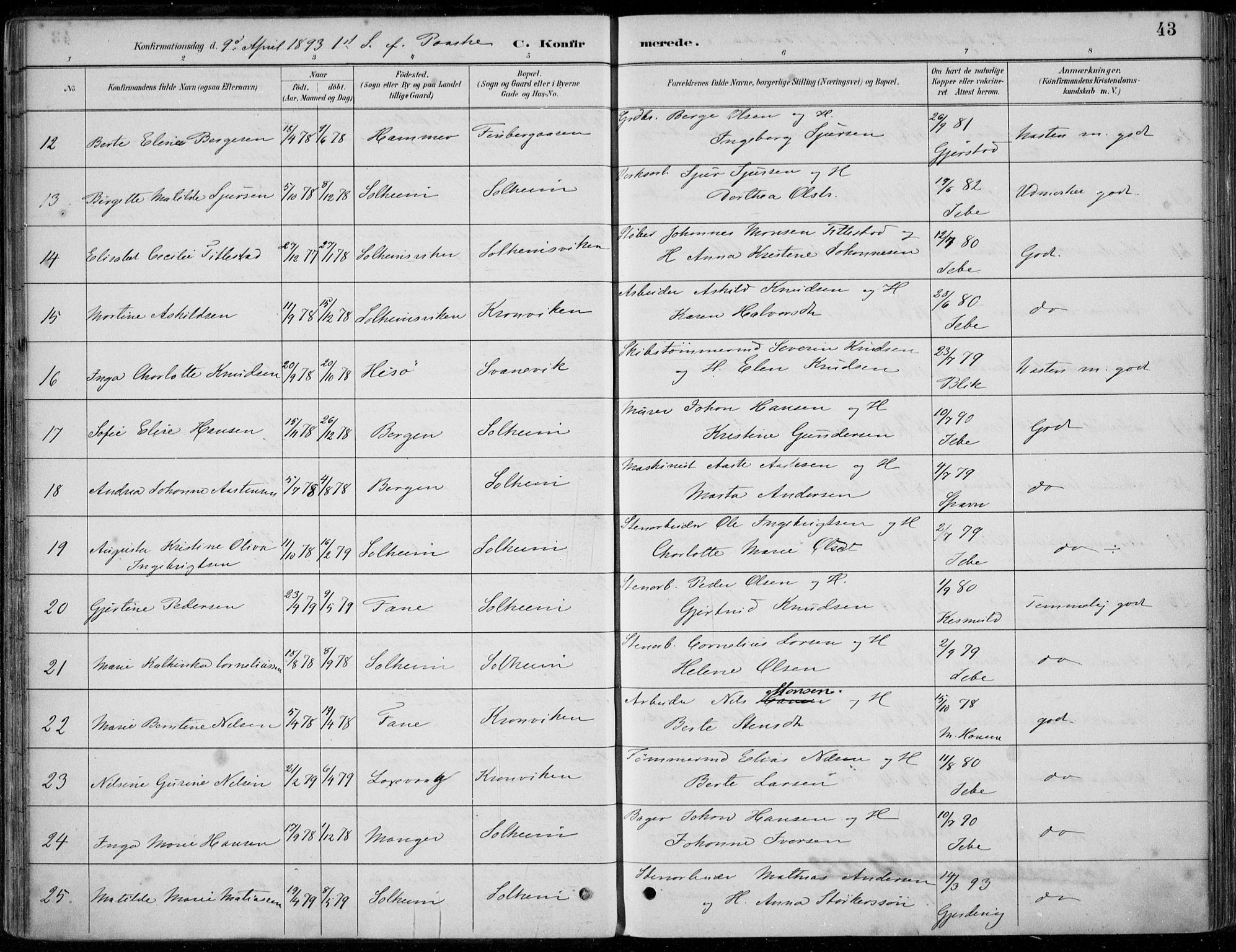 Årstad Sokneprestembete, AV/SAB-A-79301/H/Haa/L0006: Parish register (official) no. B 1, 1886-1901, p. 43