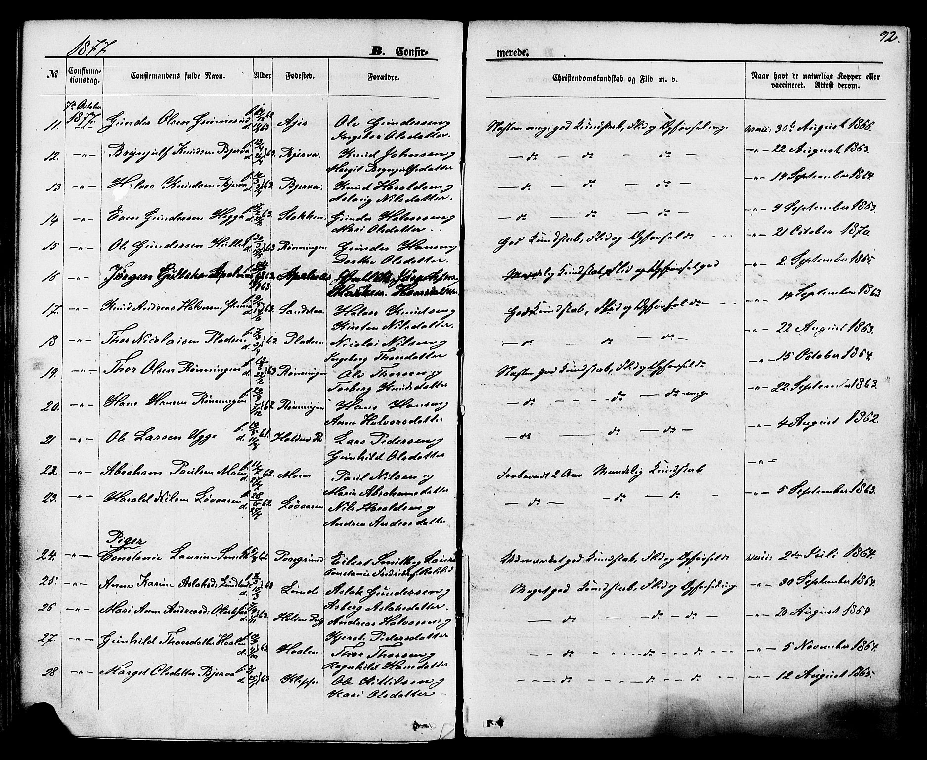 Lunde kirkebøker, SAKO/A-282/F/Fa/L0001: Parish register (official) no. I 1, 1866-1883, p. 92