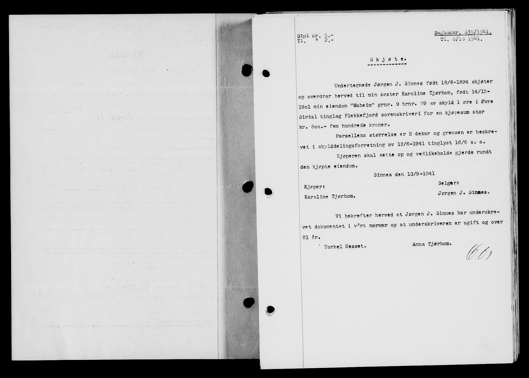 Flekkefjord sorenskriveri, AV/SAK-1221-0001/G/Gb/Gba/L0057: Mortgage book no. A-5, 1941-1942, Diary no: : 639/1941