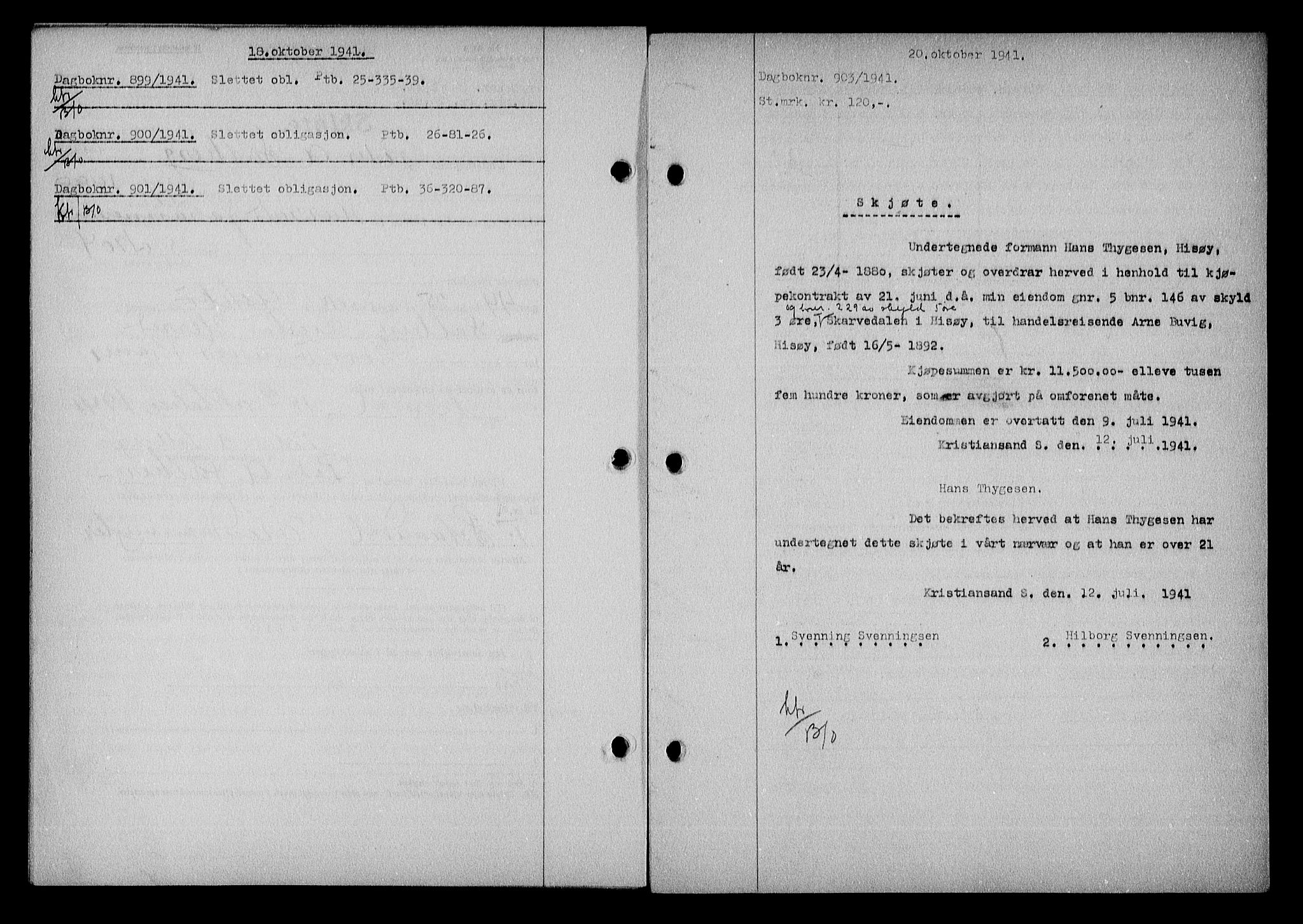 Nedenes sorenskriveri, SAK/1221-0006/G/Gb/Gba/L0048: Mortgage book no. A-II, 1940-1941, Diary no: : 903/1941