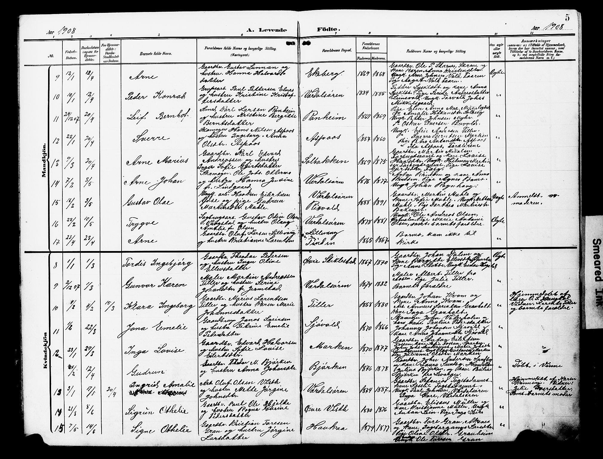 Ministerialprotokoller, klokkerbøker og fødselsregistre - Nord-Trøndelag, SAT/A-1458/723/L0258: Parish register (copy) no. 723C06, 1908-1927, p. 5