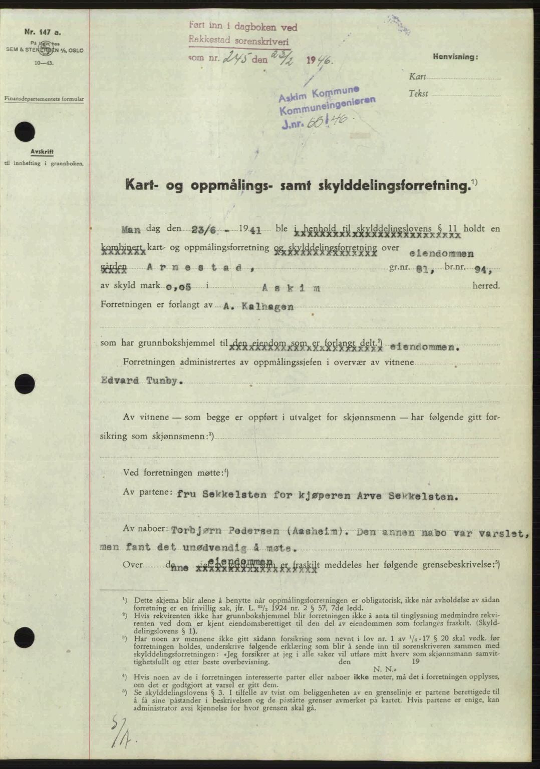 Rakkestad sorenskriveri, AV/SAO-A-10686/G/Gb/Gba/Gbab/L0012a: Mortgage book no. A12 I, 1945-1946, Diary no: : 245/1946