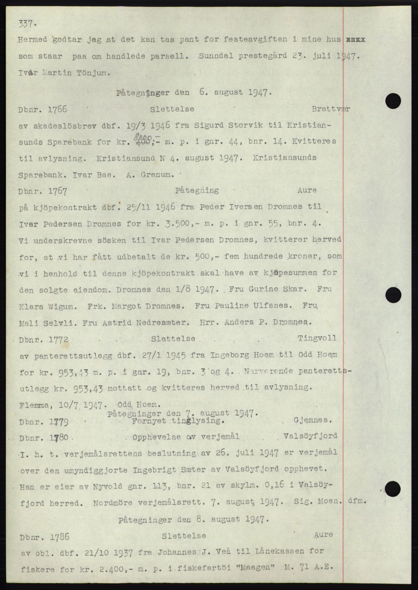 Nordmøre sorenskriveri, AV/SAT-A-4132/1/2/2Ca: Mortgage book no. C82b, 1946-1951, Diary no: : 1766/1947