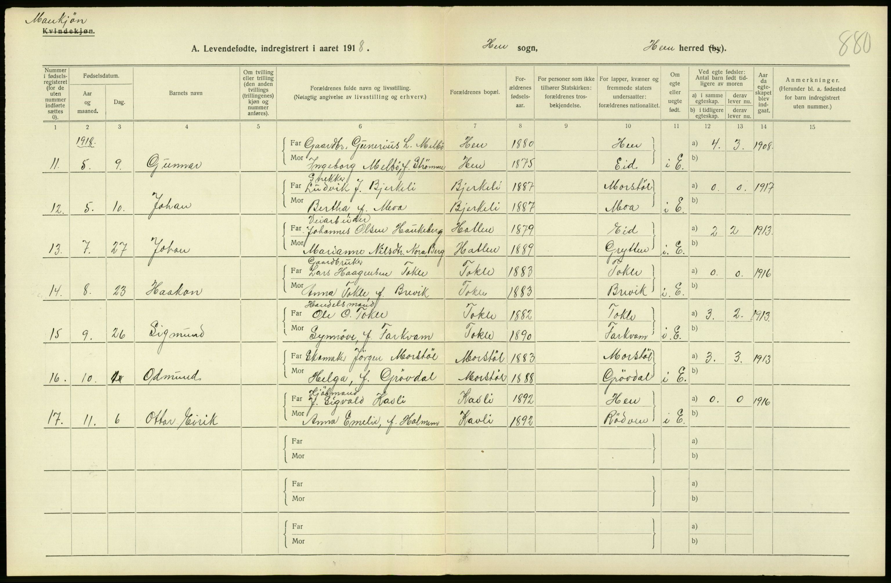 Statistisk sentralbyrå, Sosiodemografiske emner, Befolkning, RA/S-2228/D/Df/Dfb/Dfbh/L0043: Møre fylke: Levendefødte menn og kvinner. Bygder., 1918, p. 688