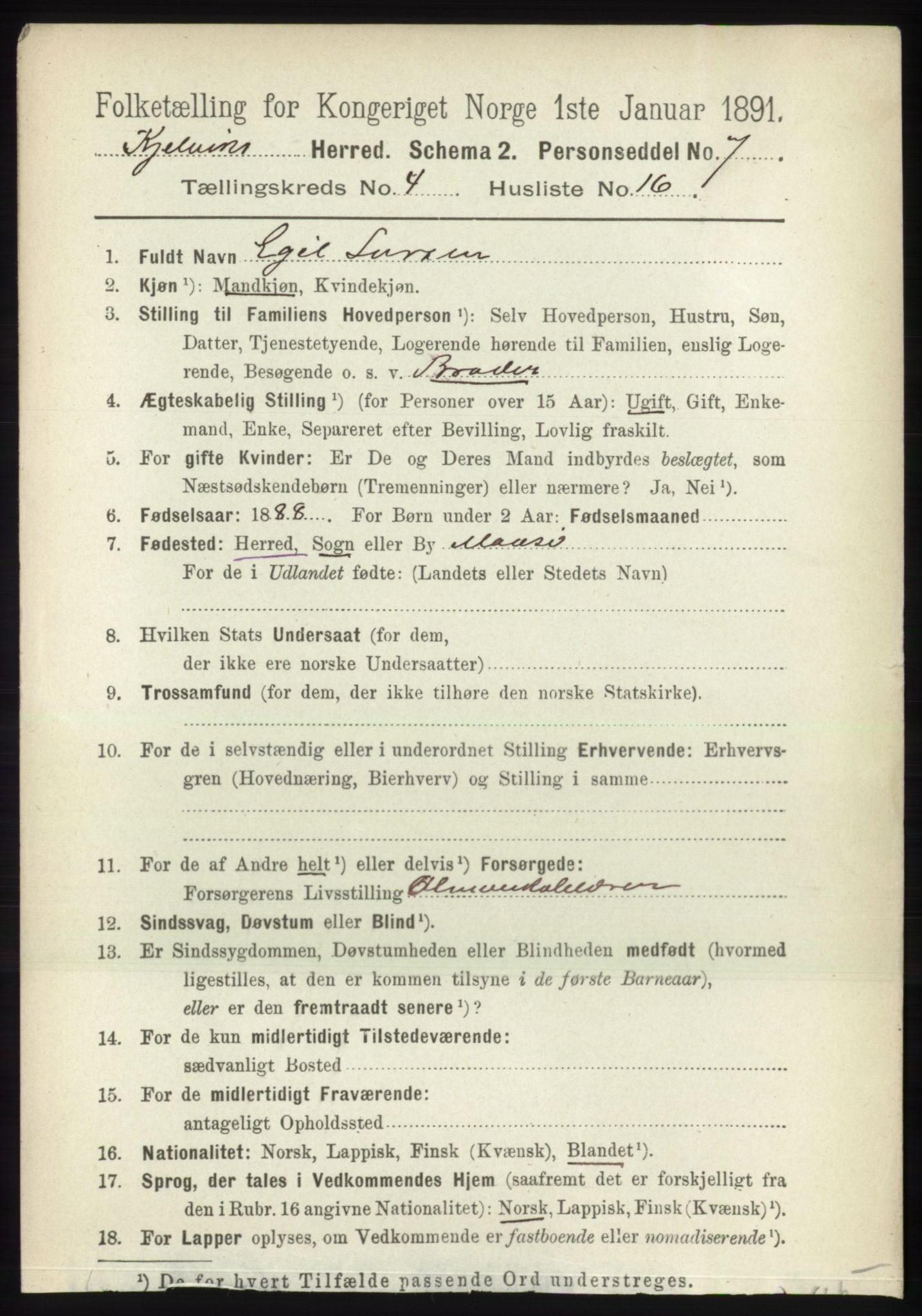 RA, 1891 census for 2019 Kjelvik, 1891, p. 537