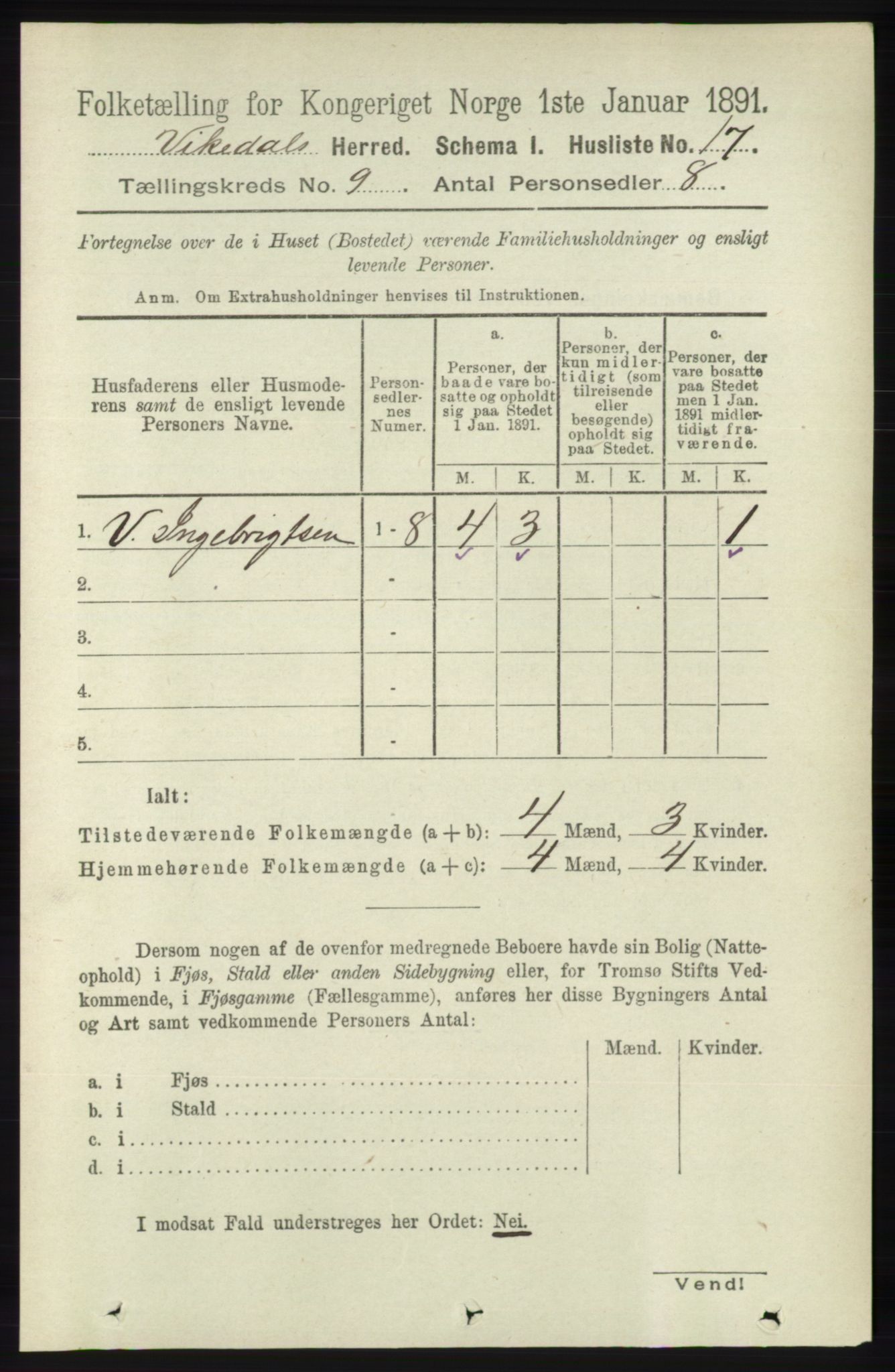 RA, 1891 census for 1157 Vikedal, 1891, p. 2360