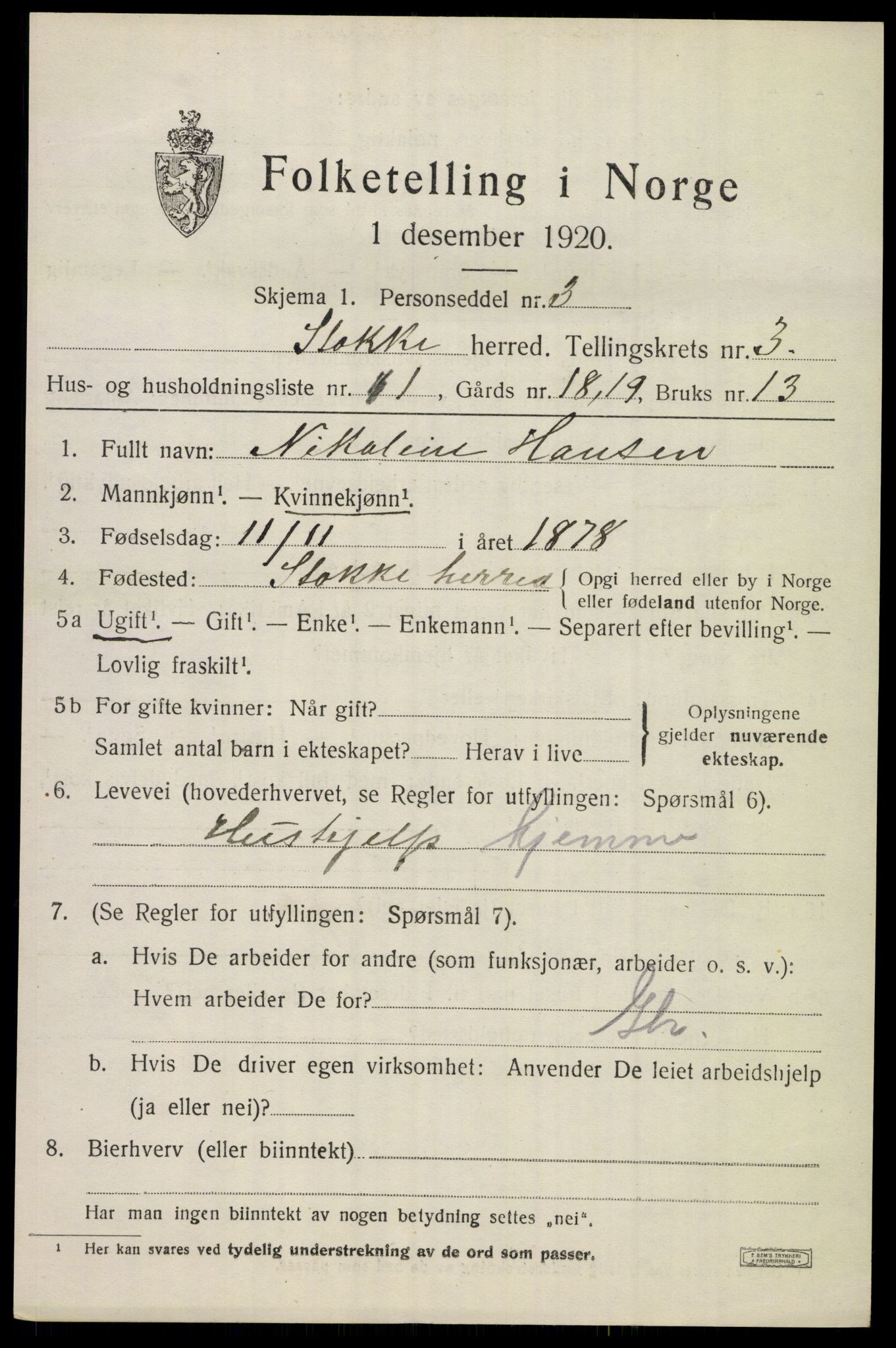 SAKO, 1920 census for Stokke, 1920, p. 4076