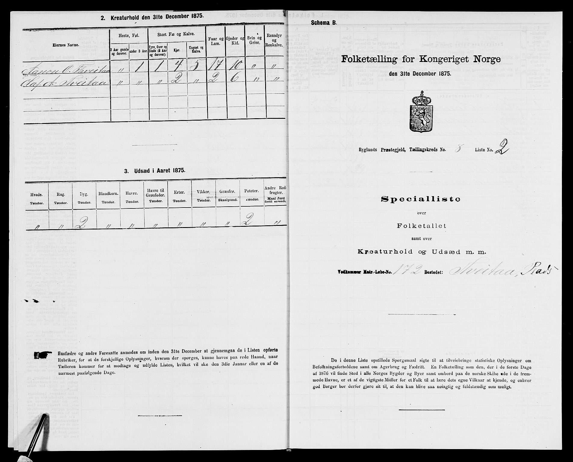 SAK, 1875 census for 0938P Bygland, 1875, p. 692