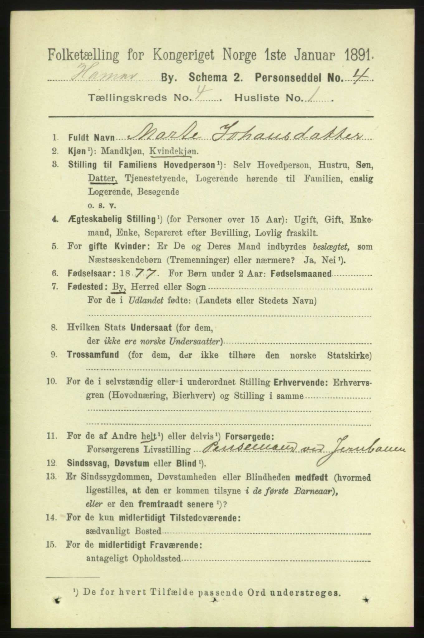 RA, 1891 census for 0401 Hamar, 1891, p. 2697