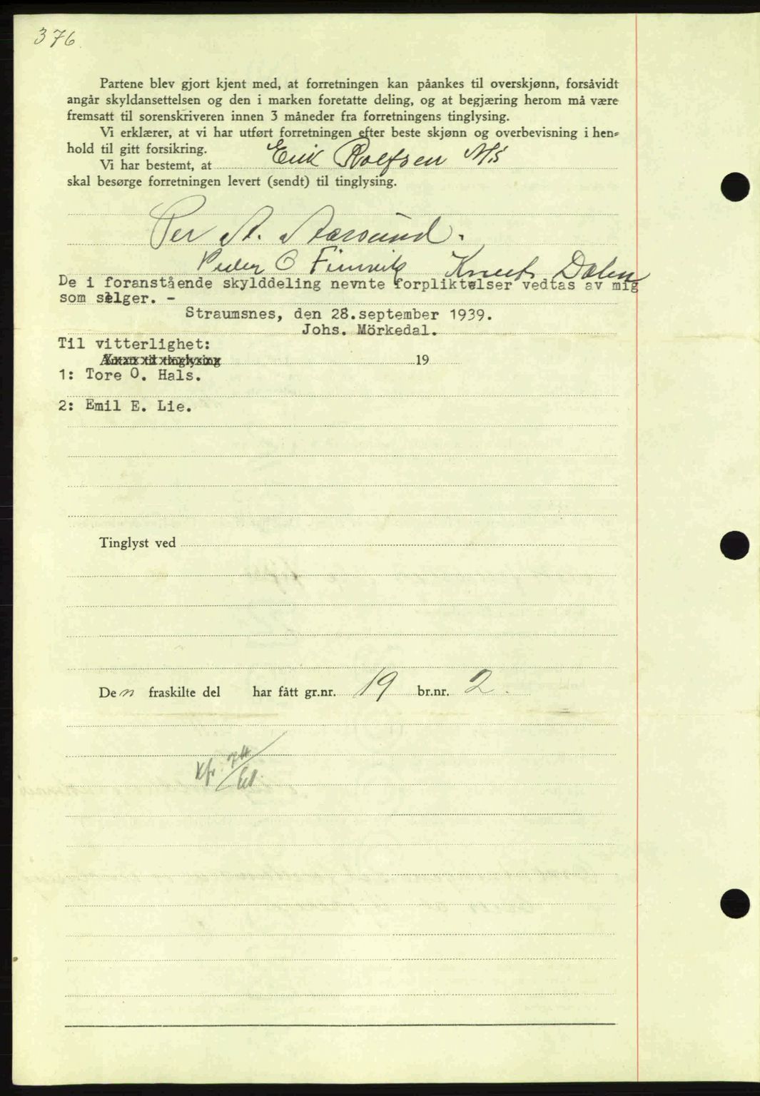 Nordmøre sorenskriveri, AV/SAT-A-4132/1/2/2Ca: Mortgage book no. A87, 1939-1940, Diary no: : 2917/1939