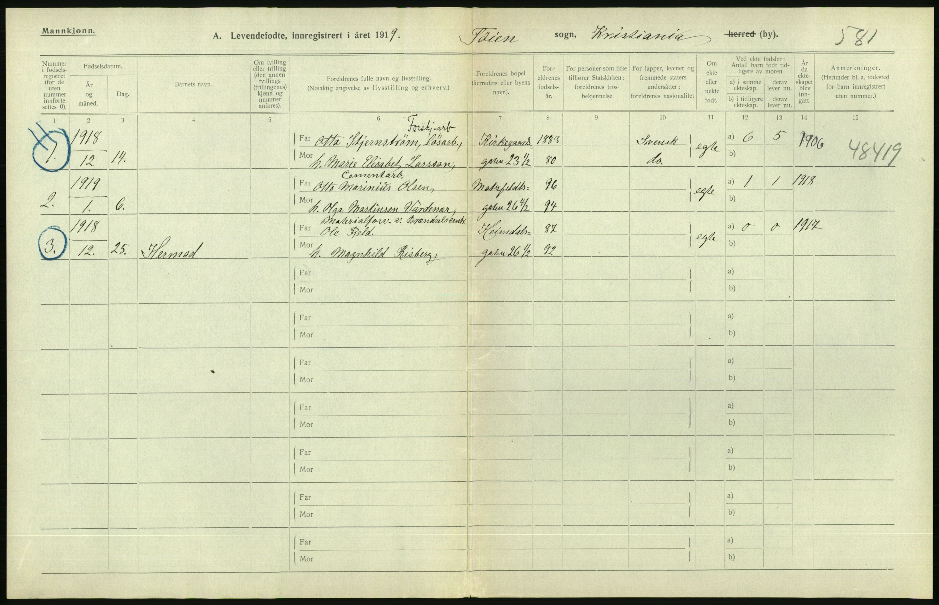 Statistisk sentralbyrå, Sosiodemografiske emner, Befolkning, AV/RA-S-2228/D/Df/Dfb/Dfbi/L0008: Kristiania: Levendefødte menn og kvinner., 1919