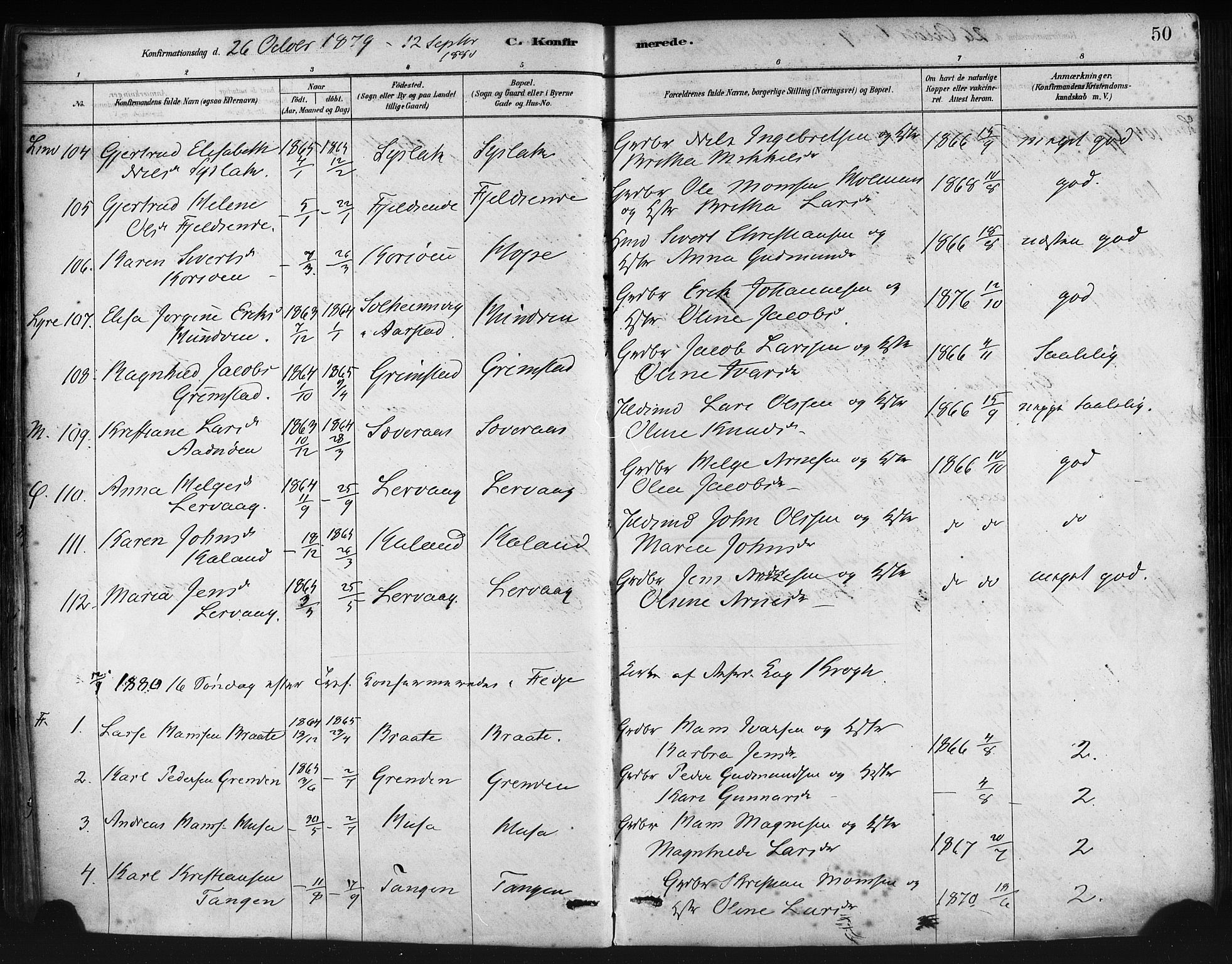 Lindås Sokneprestembete, SAB/A-76701/H/Haa: Parish register (official) no. A 19, 1878-1912, p. 50