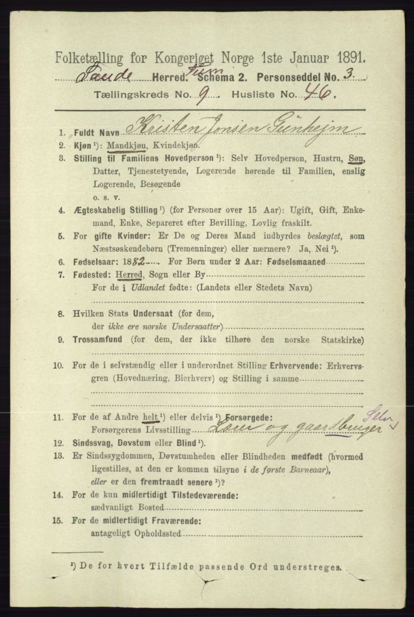 RA, 1891 census for 0822 Sauherad, 1891, p. 2926