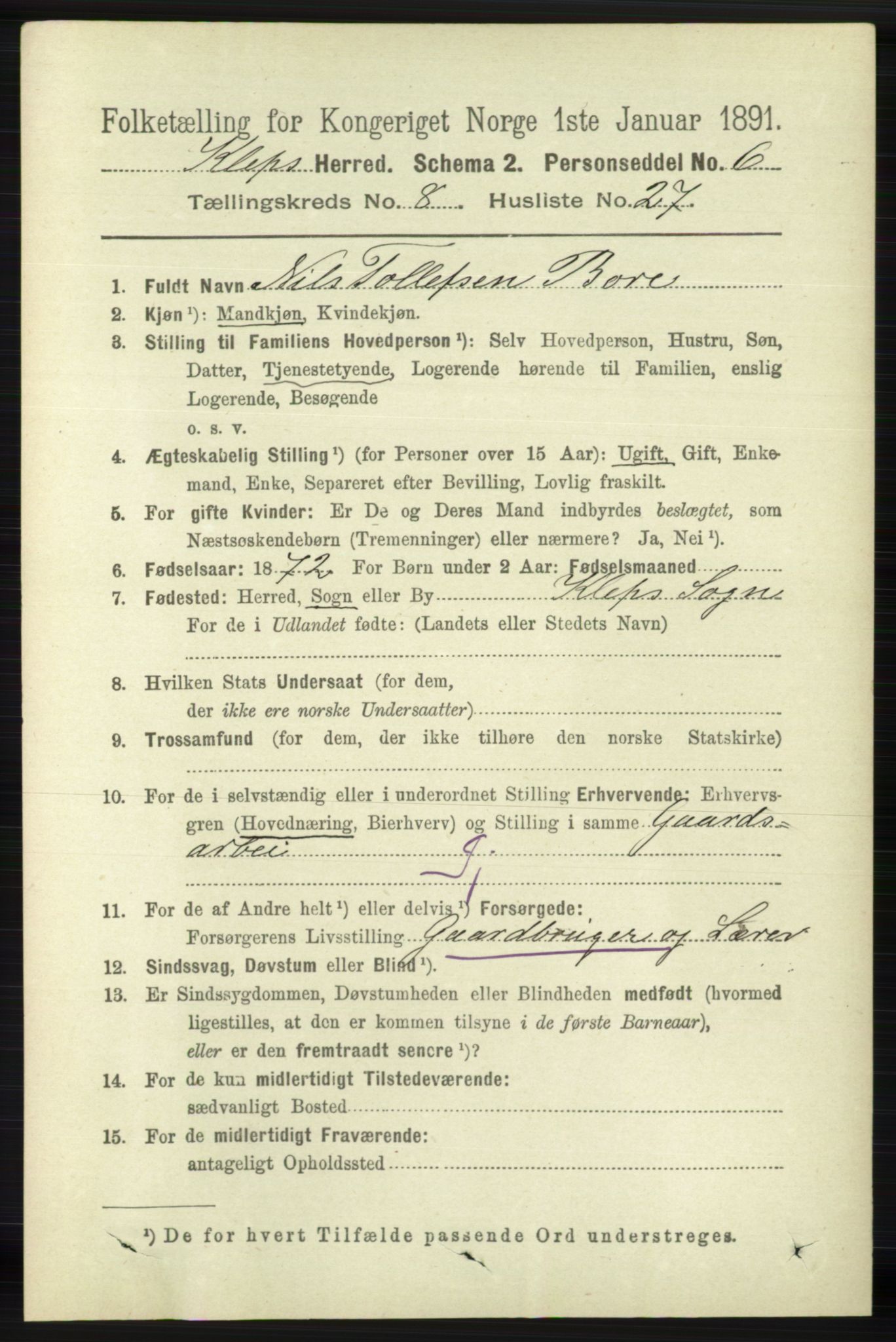 RA, 1891 census for 1120 Klepp, 1891, p. 2702