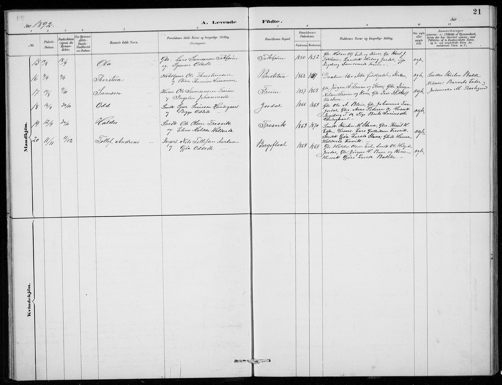 Odda Sokneprestembete, AV/SAB-A-77201/H/Hab: Parish register (copy) no. B  1, 1887-1909, p. 21