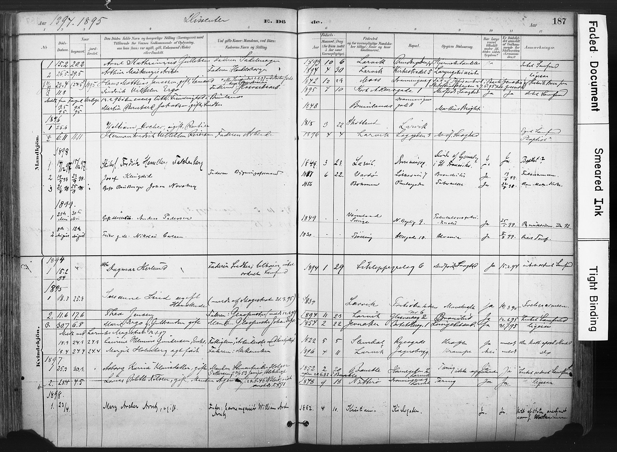 Larvik kirkebøker, AV/SAKO-A-352/F/Fa/L0010: Parish register (official) no. I 10, 1884-1910, p. 187