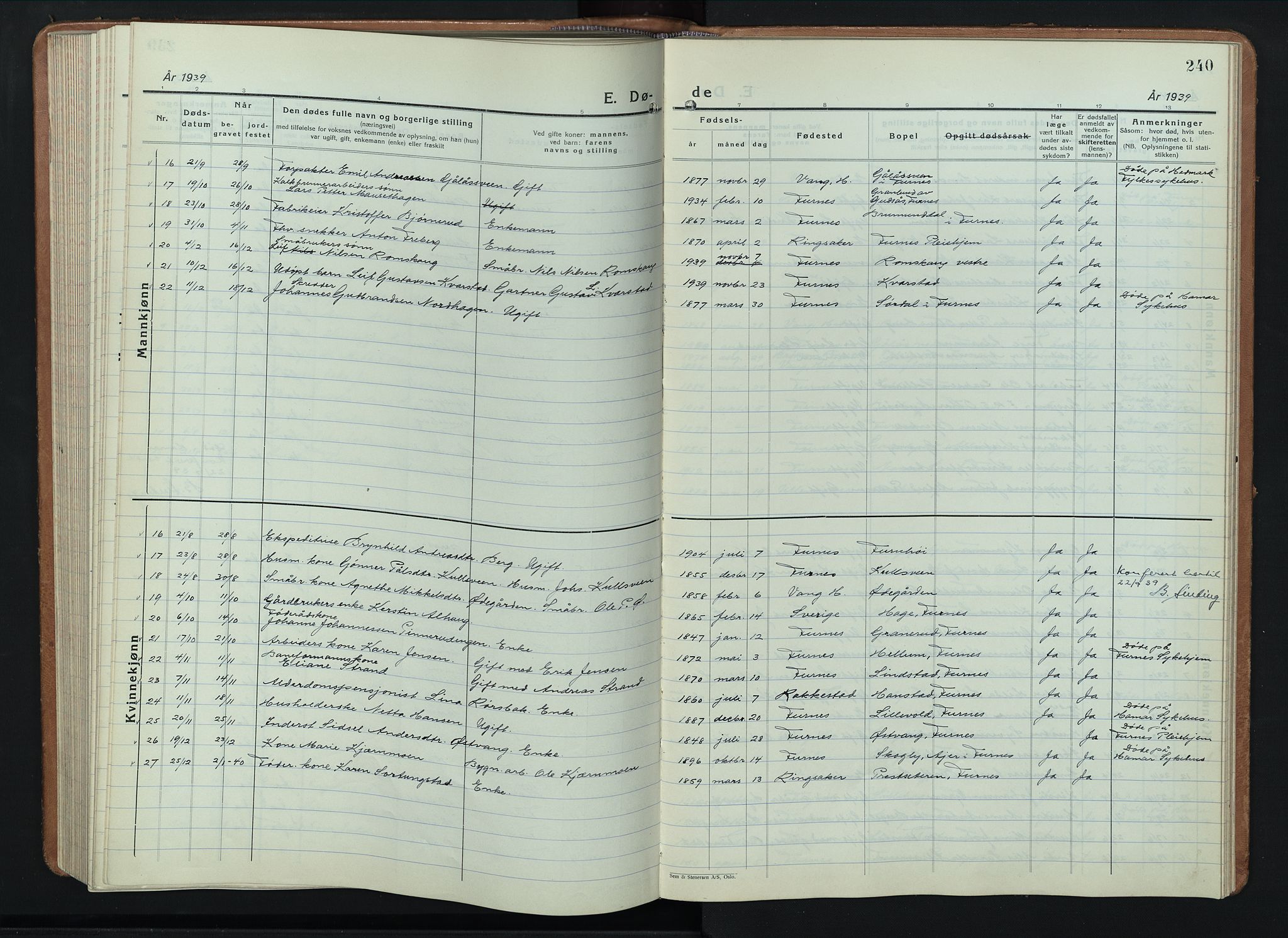 Furnes prestekontor, AV/SAH-PREST-012/L/La/L0002: Parish register (copy) no. 2, 1934-1956, p. 240