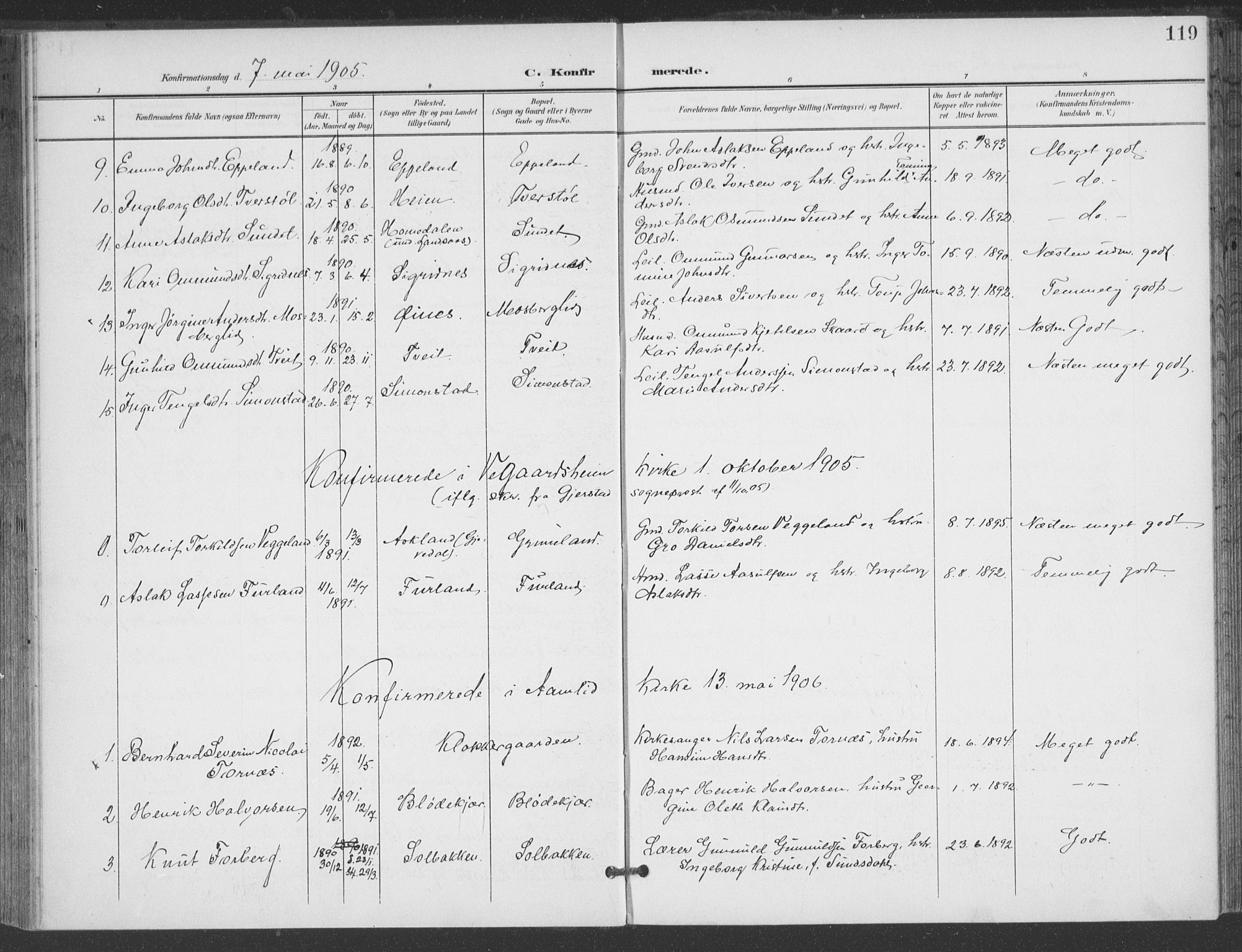 Åmli sokneprestkontor, AV/SAK-1111-0050/F/Fa/Fac/L0012: Parish register (official) no. A 12, 1900-1914, p. 119