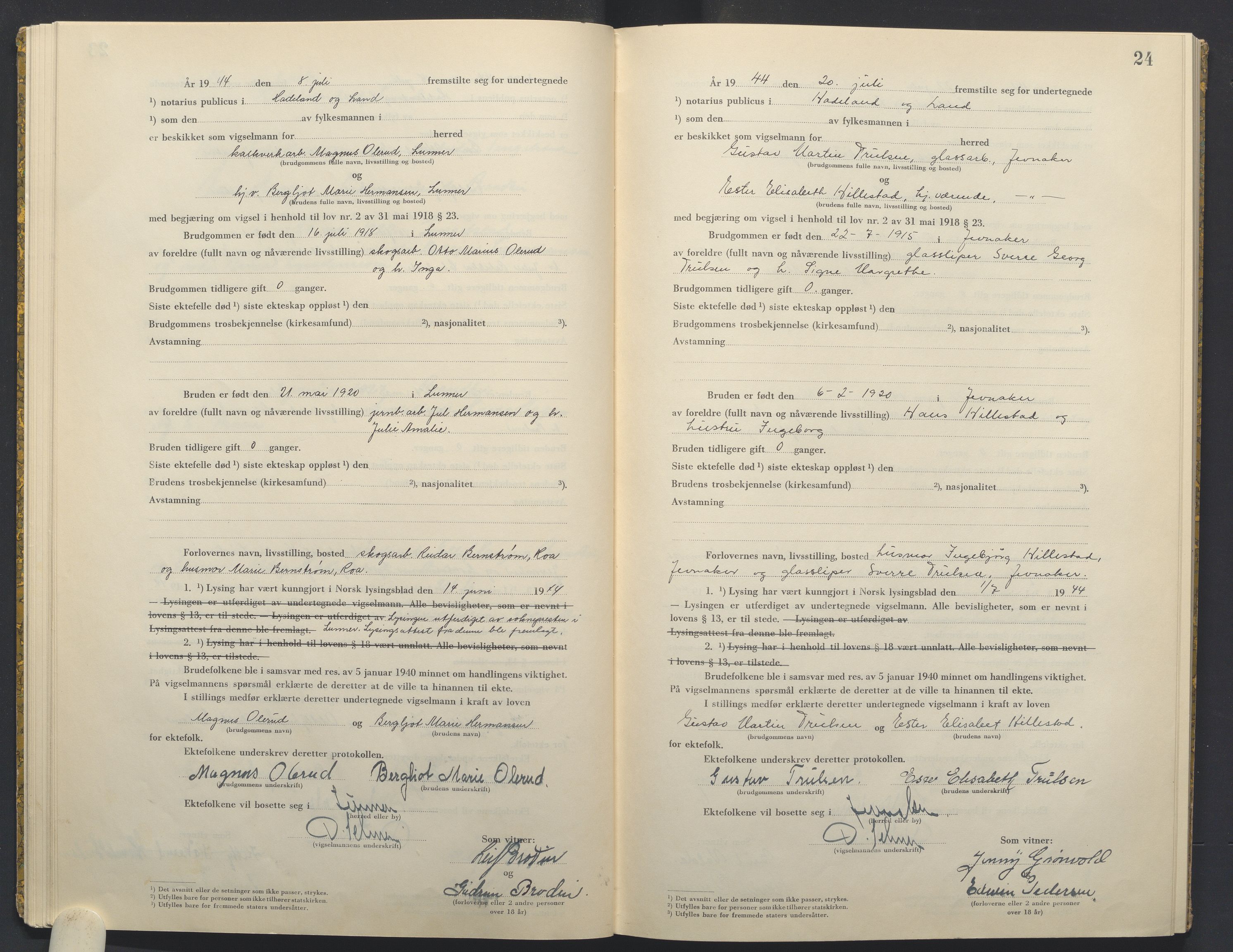 Hadeland og Land tingrett, AV/SAH-TING-010/L/Lb/L0003: Vigselbok, 1944-1946, p. 24