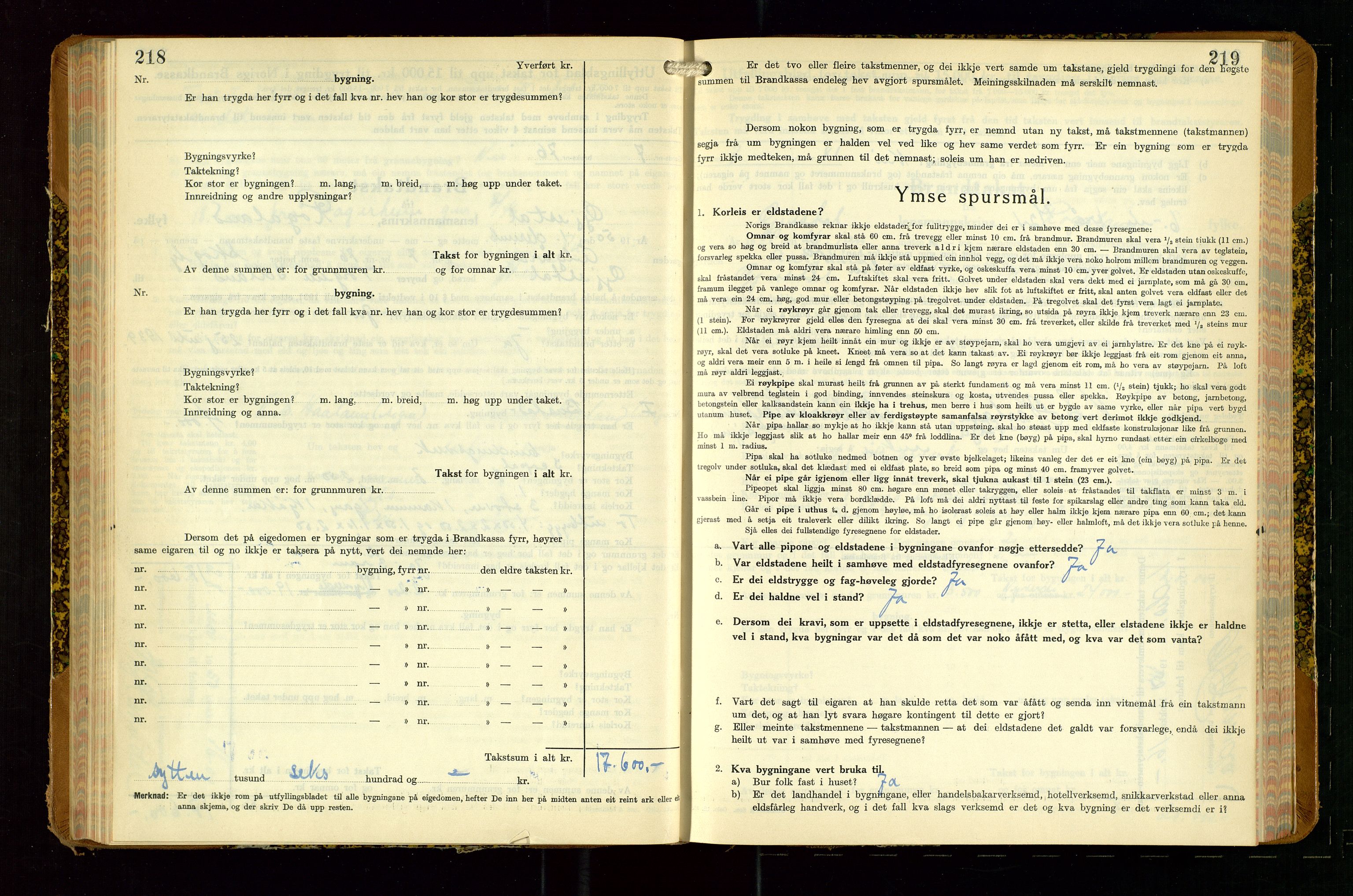 Gjesdal lensmannskontor, AV/SAST-A-100441/Go/L0008: Branntakstskjemaprotokoll, 1937-1955, p. 218-219