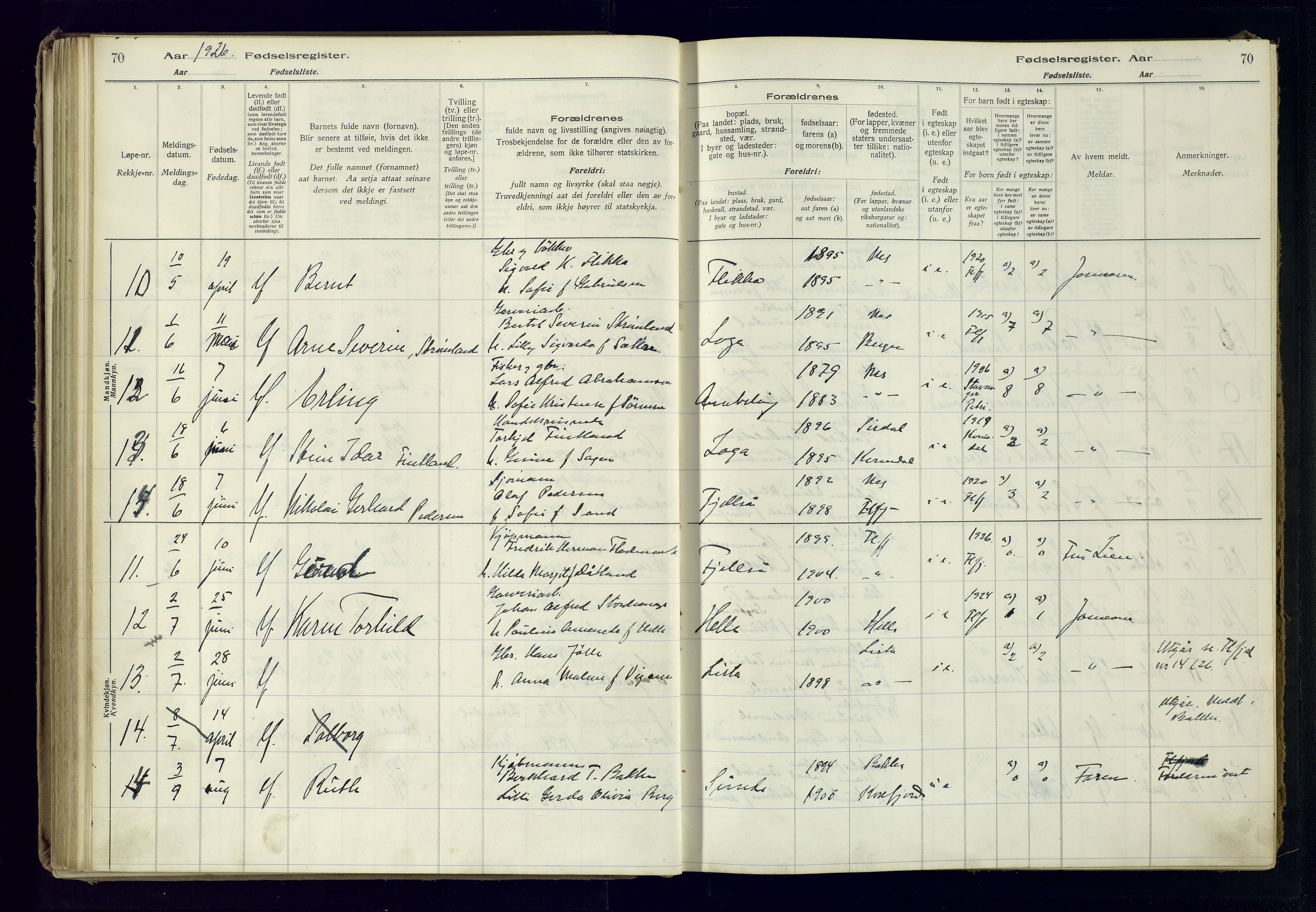 Flekkefjord sokneprestkontor, AV/SAK-1111-0012/J/Ja/L0005: Birth register no. 5, 1916-1950, p. 70