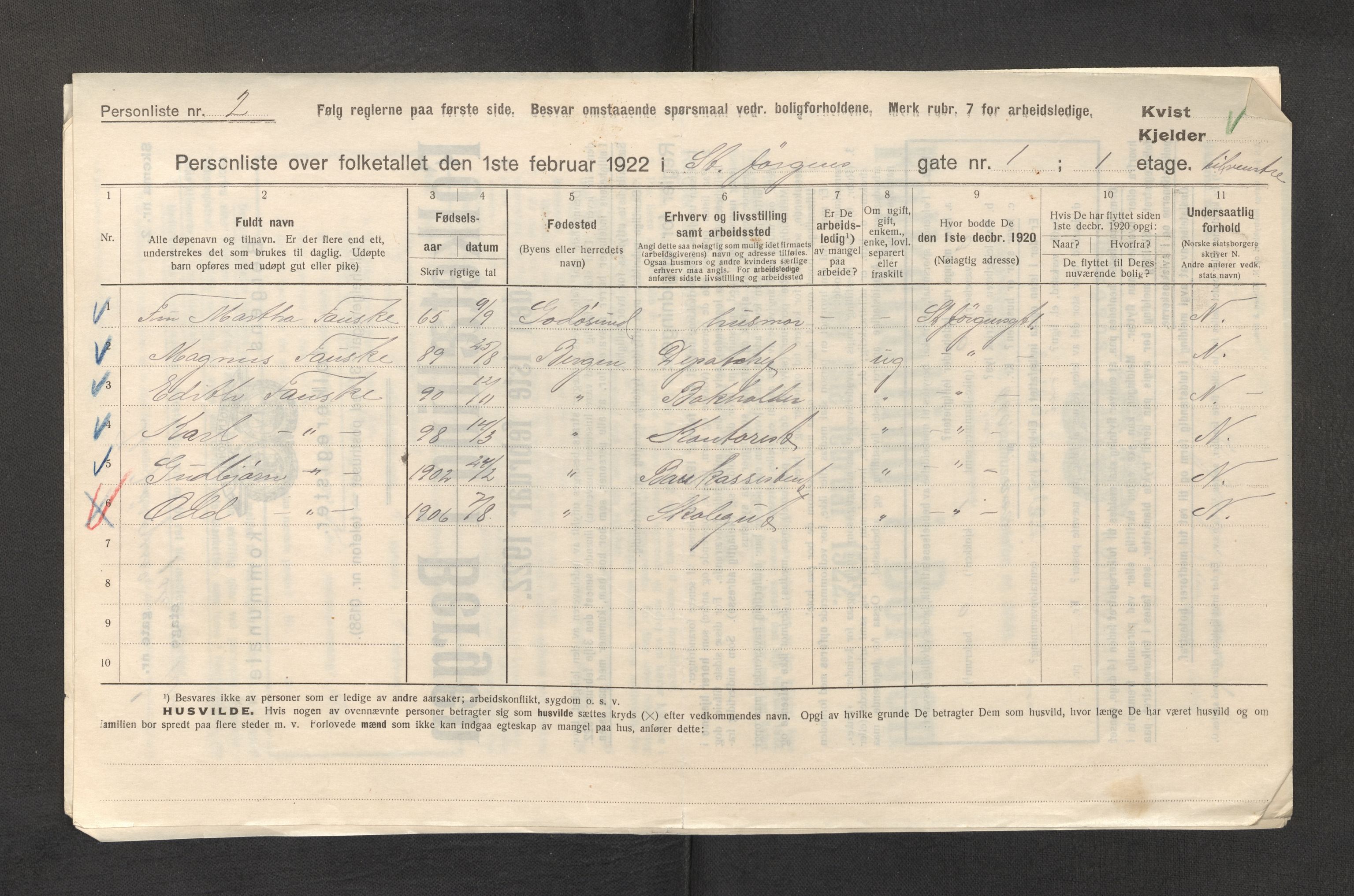 SAB, Municipal Census 1922 for Bergen, 1922, p. 35919