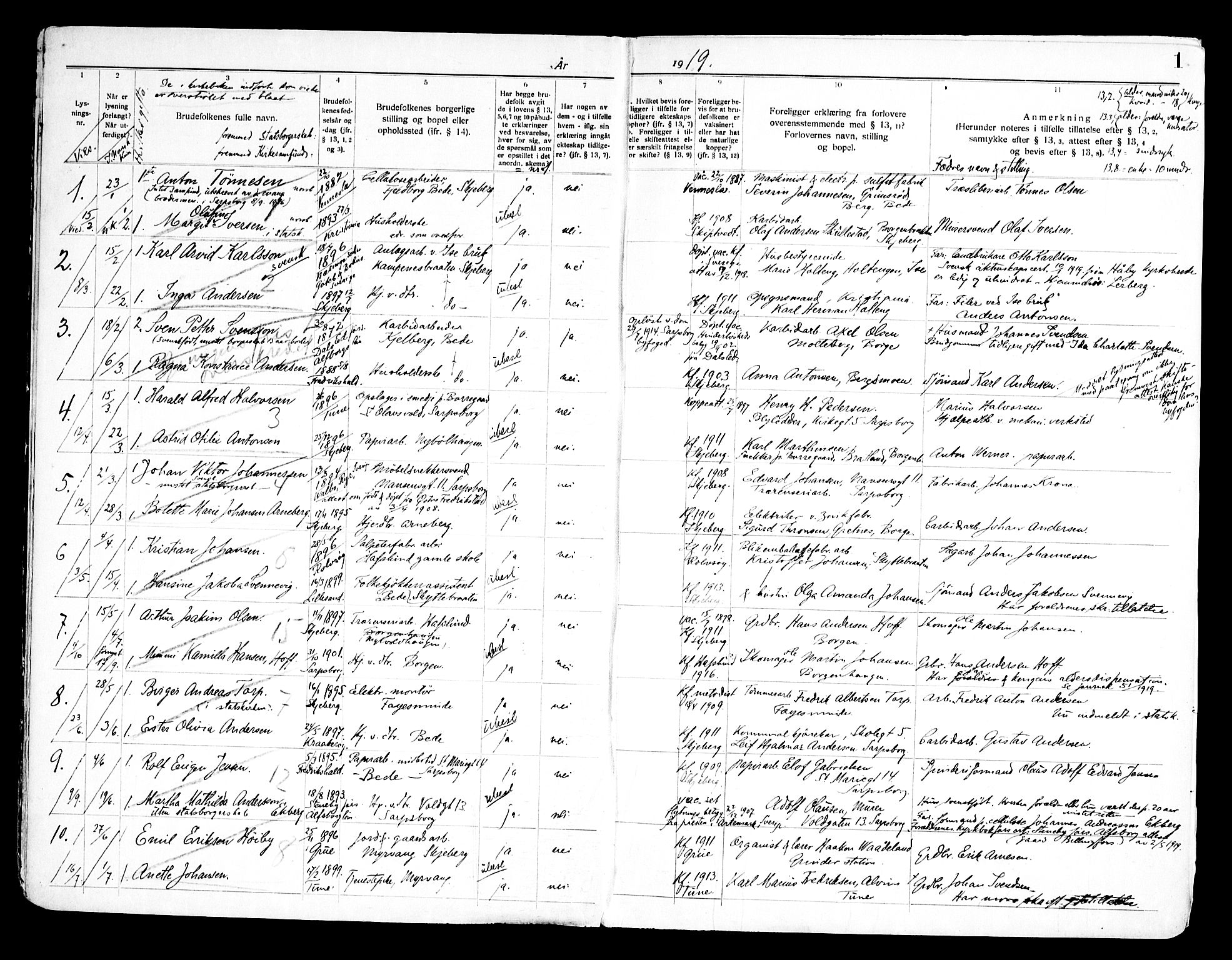 Skjeberg prestekontor Kirkebøker, SAO/A-10923/H/Hc/L0001: Banns register no. III 1, 1919-1949, p. 1