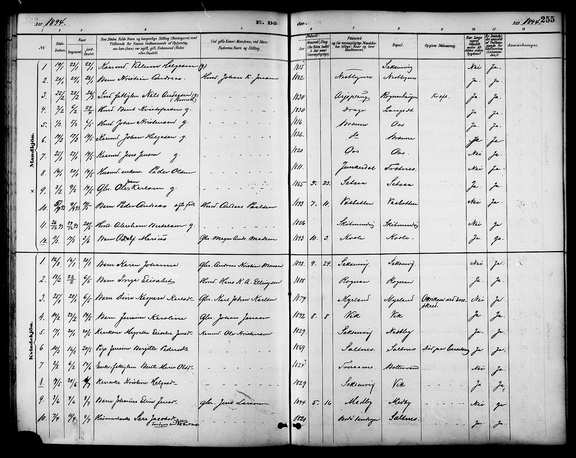 Ministerialprotokoller, klokkerbøker og fødselsregistre - Nordland, SAT/A-1459/847/L0669: Parish register (official) no. 847A09, 1887-1901, p. 255