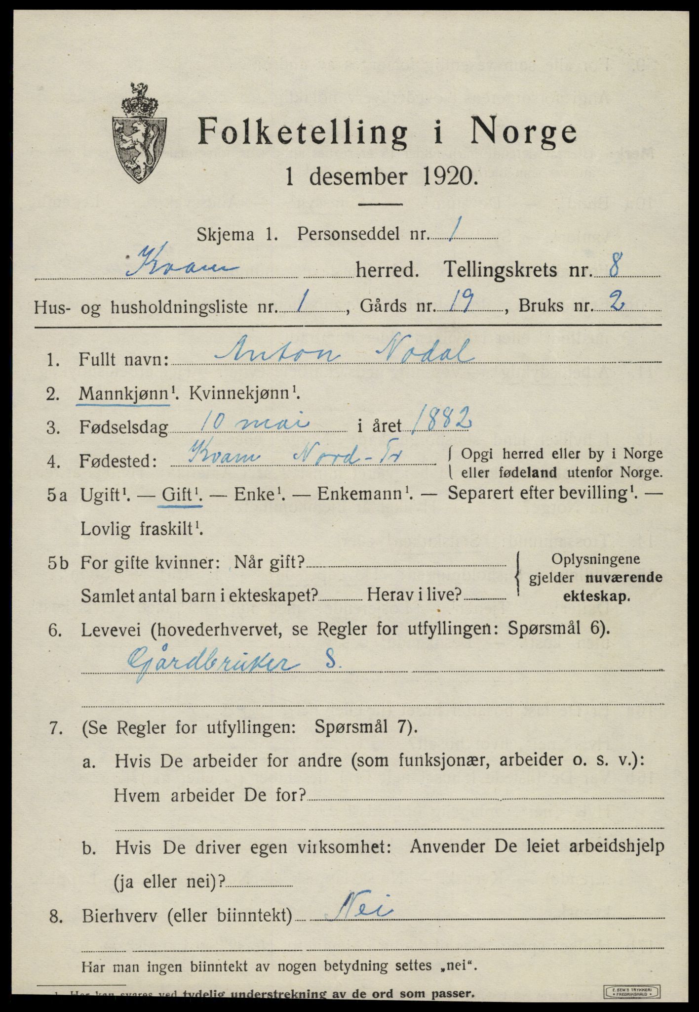 SAT, 1920 census for Kvam, 1920, p. 1991