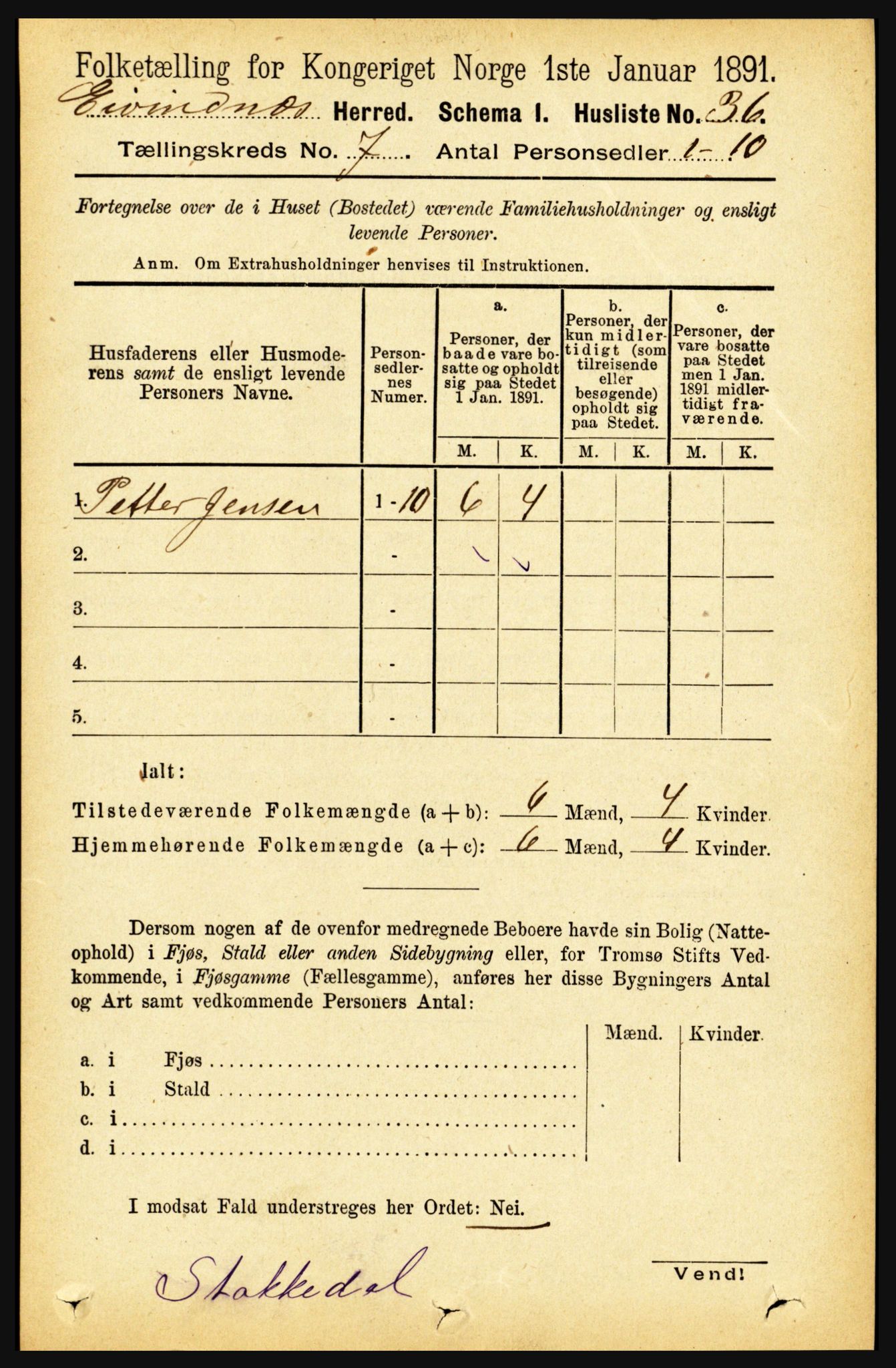 RA, 1891 census for 1853 Evenes, 1891, p. 2157