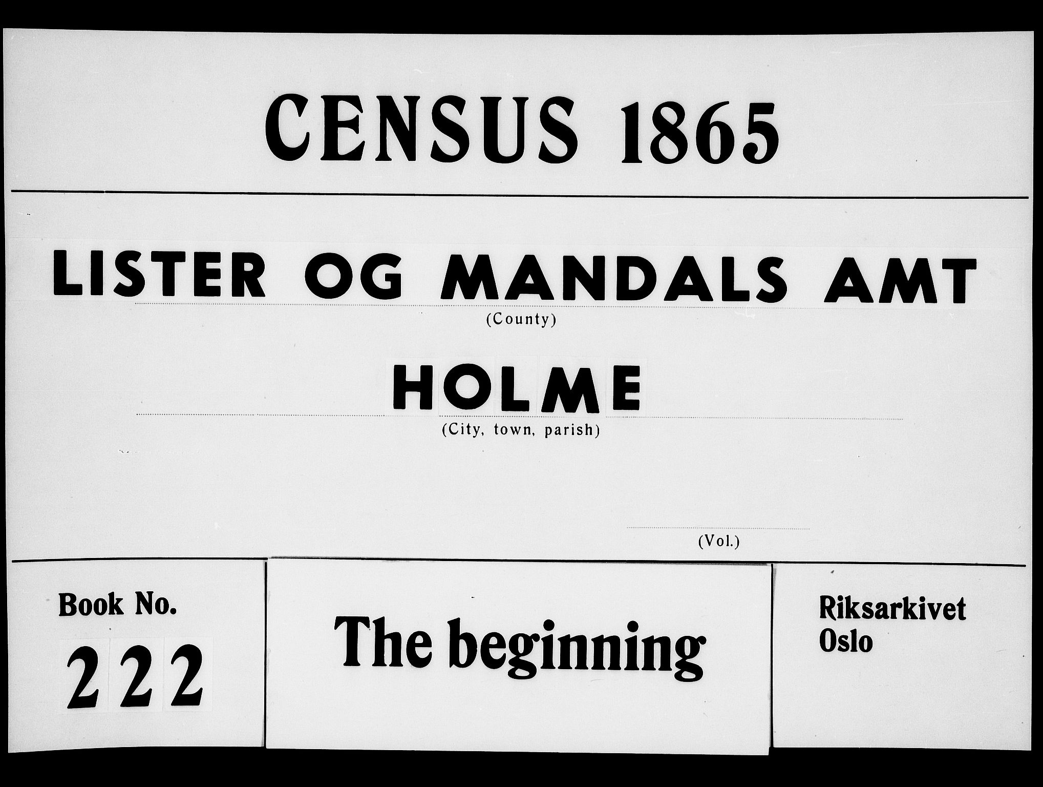 RA, 1865 census for Holum, 1865, p. 1