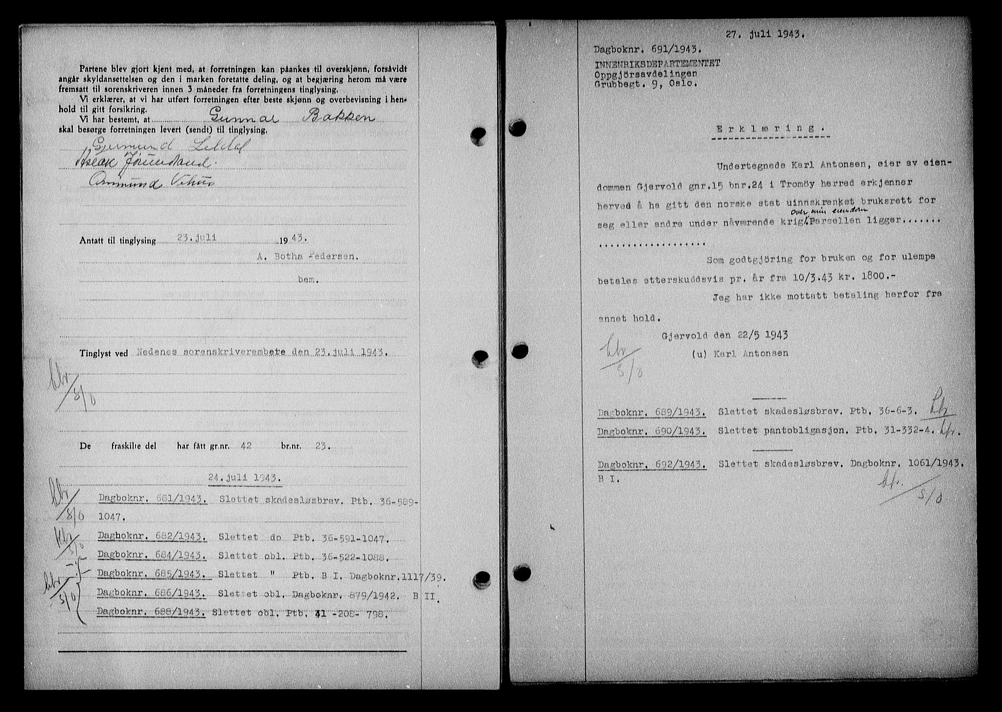 Nedenes sorenskriveri, SAK/1221-0006/G/Gb/Gba/L0050: Mortgage book no. A-IV, 1942-1943, Diary no: : 691/1943