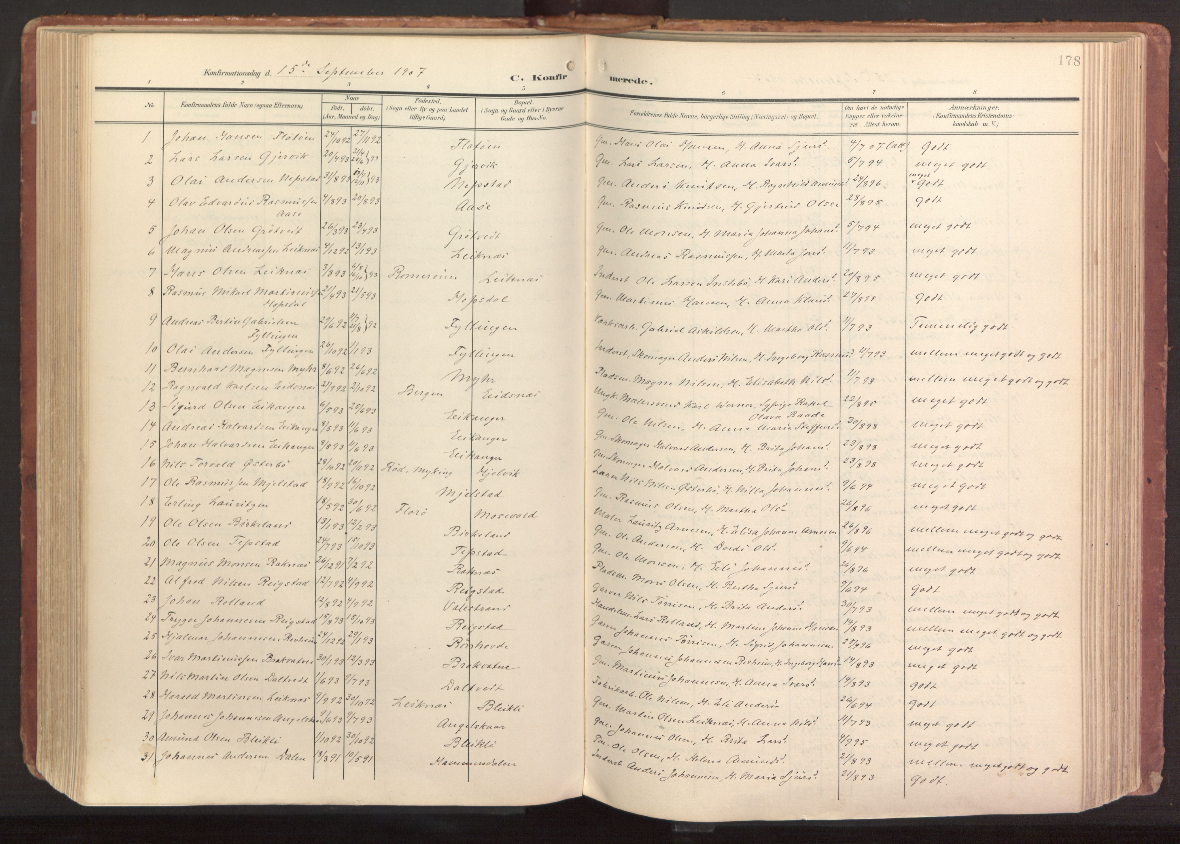 Hamre sokneprestembete, AV/SAB-A-75501/H/Ha/Haa/Haab/L0002: Parish register (official) no. B 2, 1905-1924, p. 178