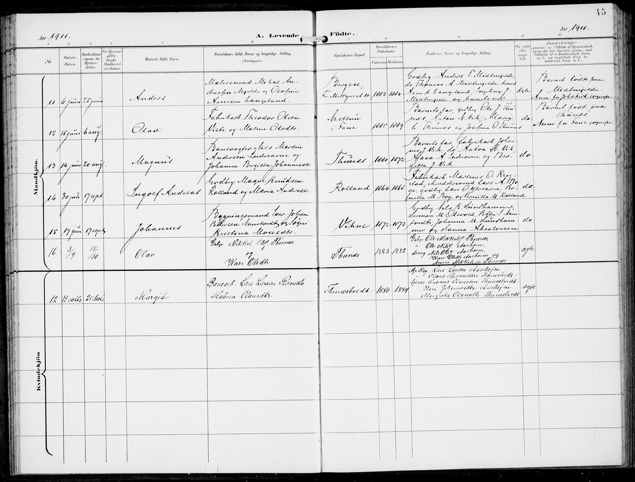 Haus sokneprestembete, SAB/A-75601/H/Haa: Parish register (official) no. B  2, 1899-1912, p. 45