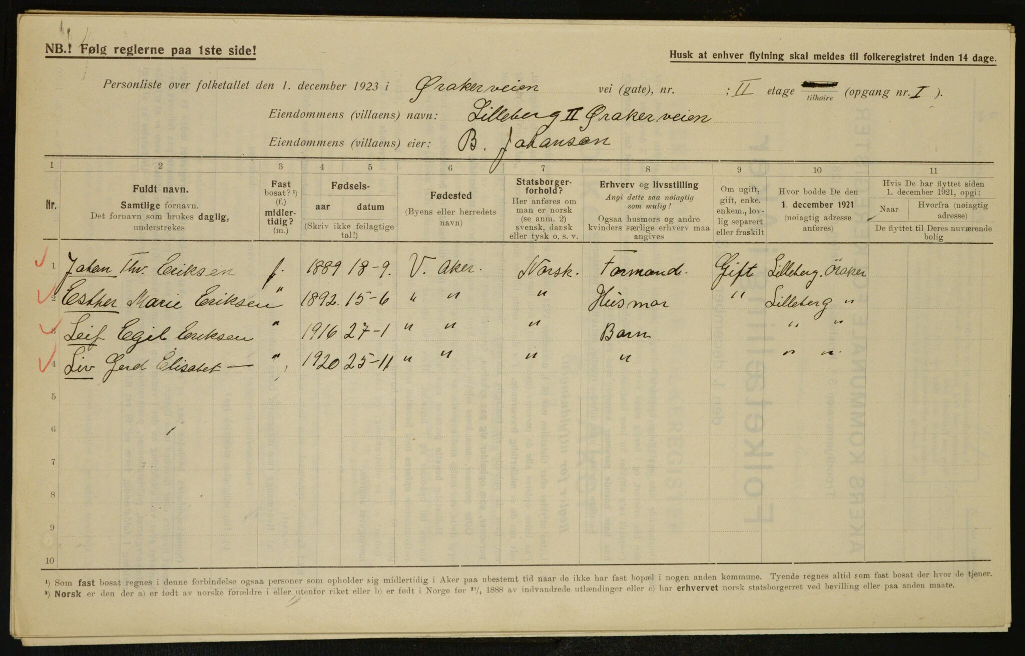 , Municipal Census 1923 for Aker, 1923, p. 2808