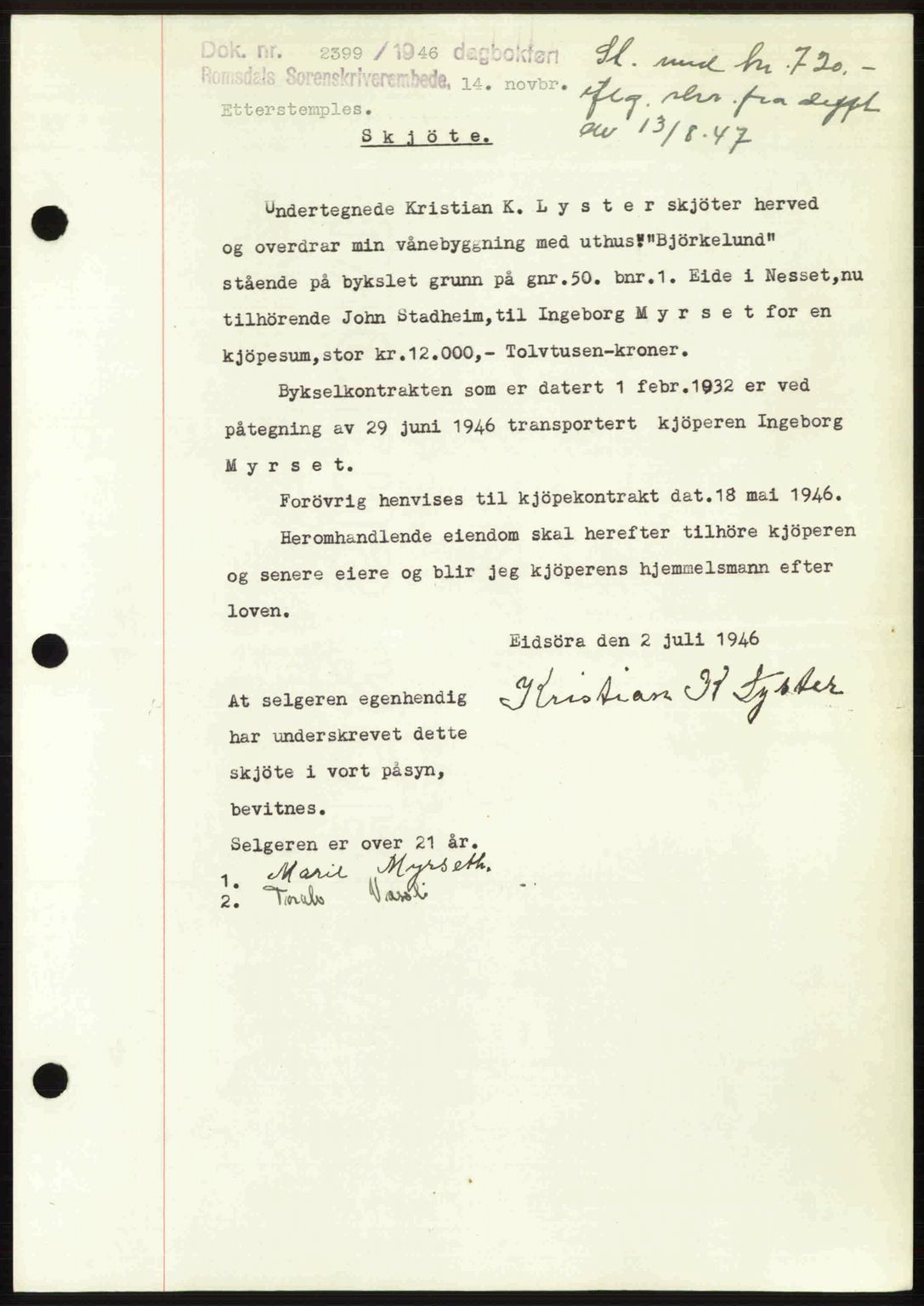 Romsdal sorenskriveri, AV/SAT-A-4149/1/2/2C: Mortgage book no. A21, 1946-1946, Diary no: : 2399/1946