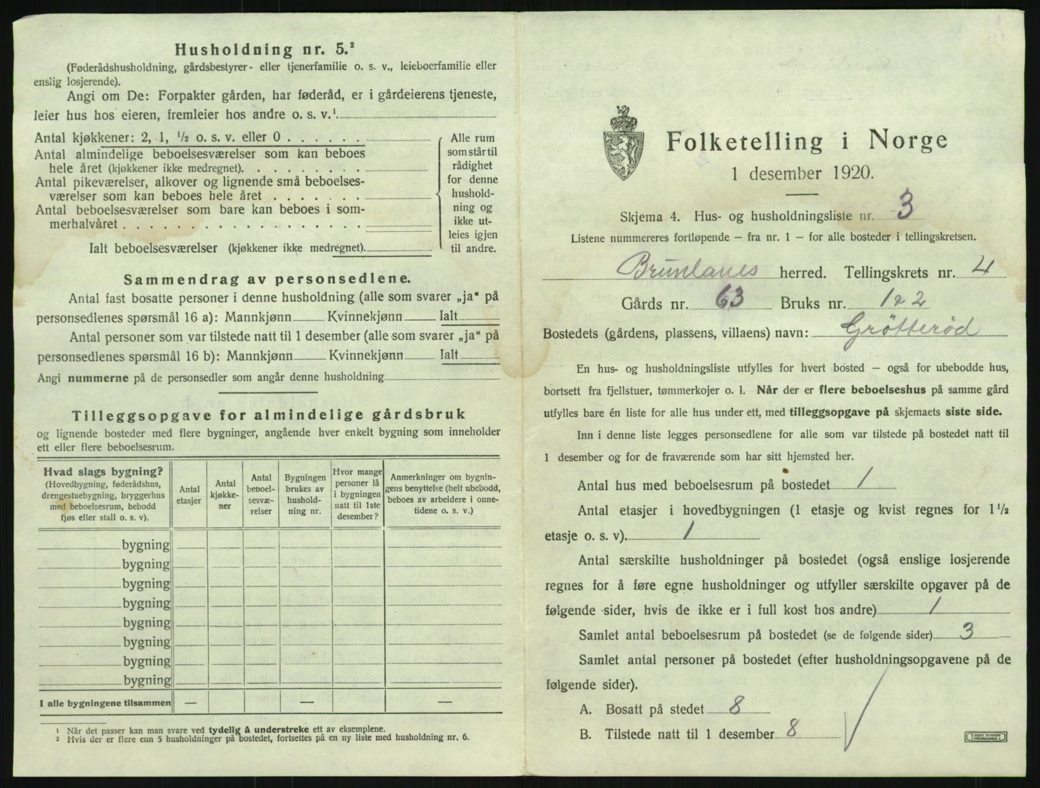 SAKO, 1920 census for Brunlanes, 1920, p. 725