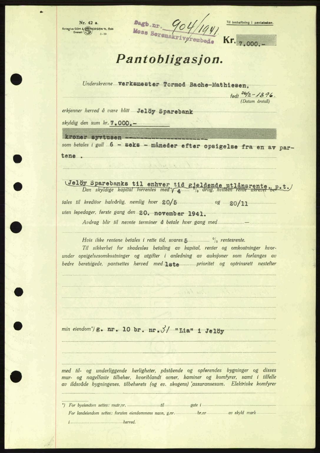 Moss sorenskriveri, SAO/A-10168: Mortgage book no. B10, 1940-1941, Diary no: : 904/1941