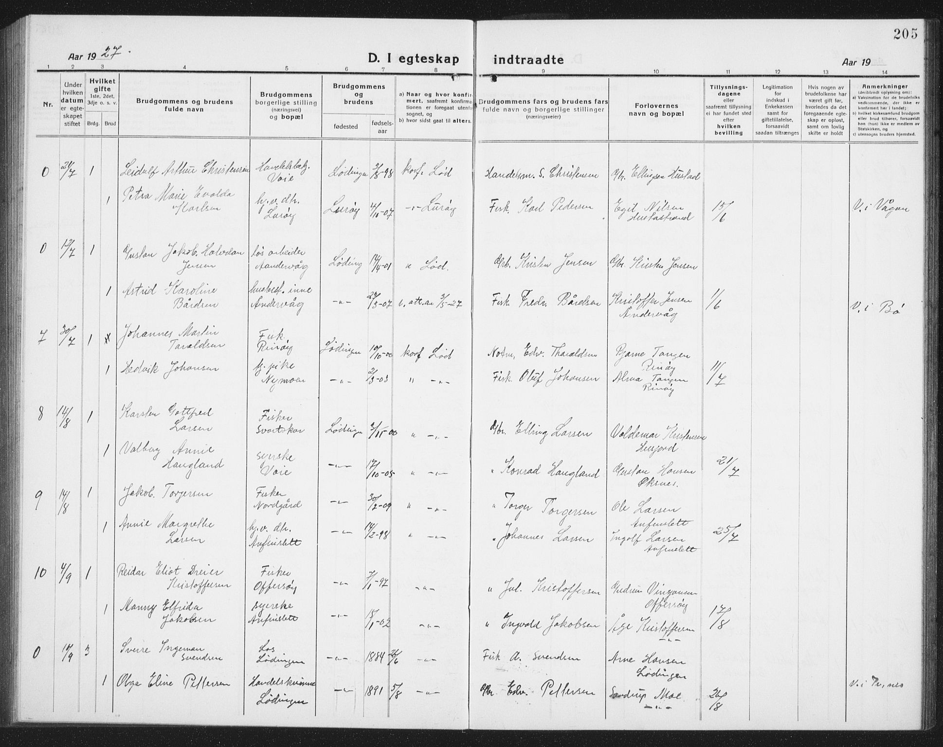 Ministerialprotokoller, klokkerbøker og fødselsregistre - Nordland, AV/SAT-A-1459/872/L1049: Parish register (copy) no. 872C05, 1920-1938, p. 205