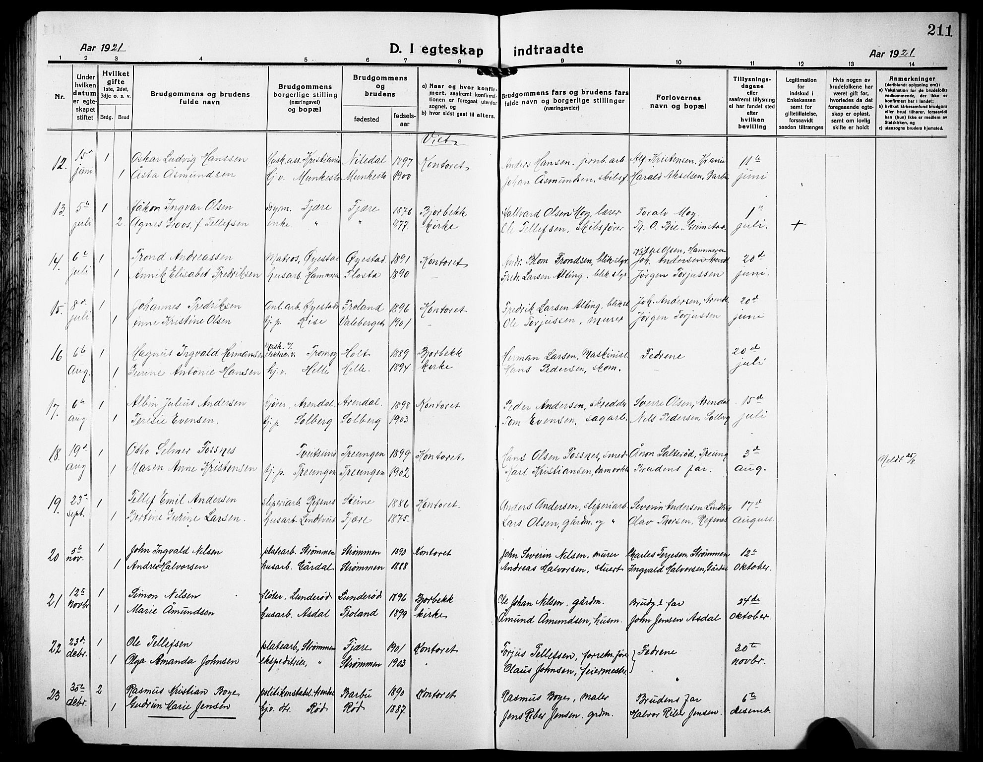 Øyestad sokneprestkontor, SAK/1111-0049/F/Fb/L0012: Parish register (copy) no. B 12, 1919-1932, p. 211