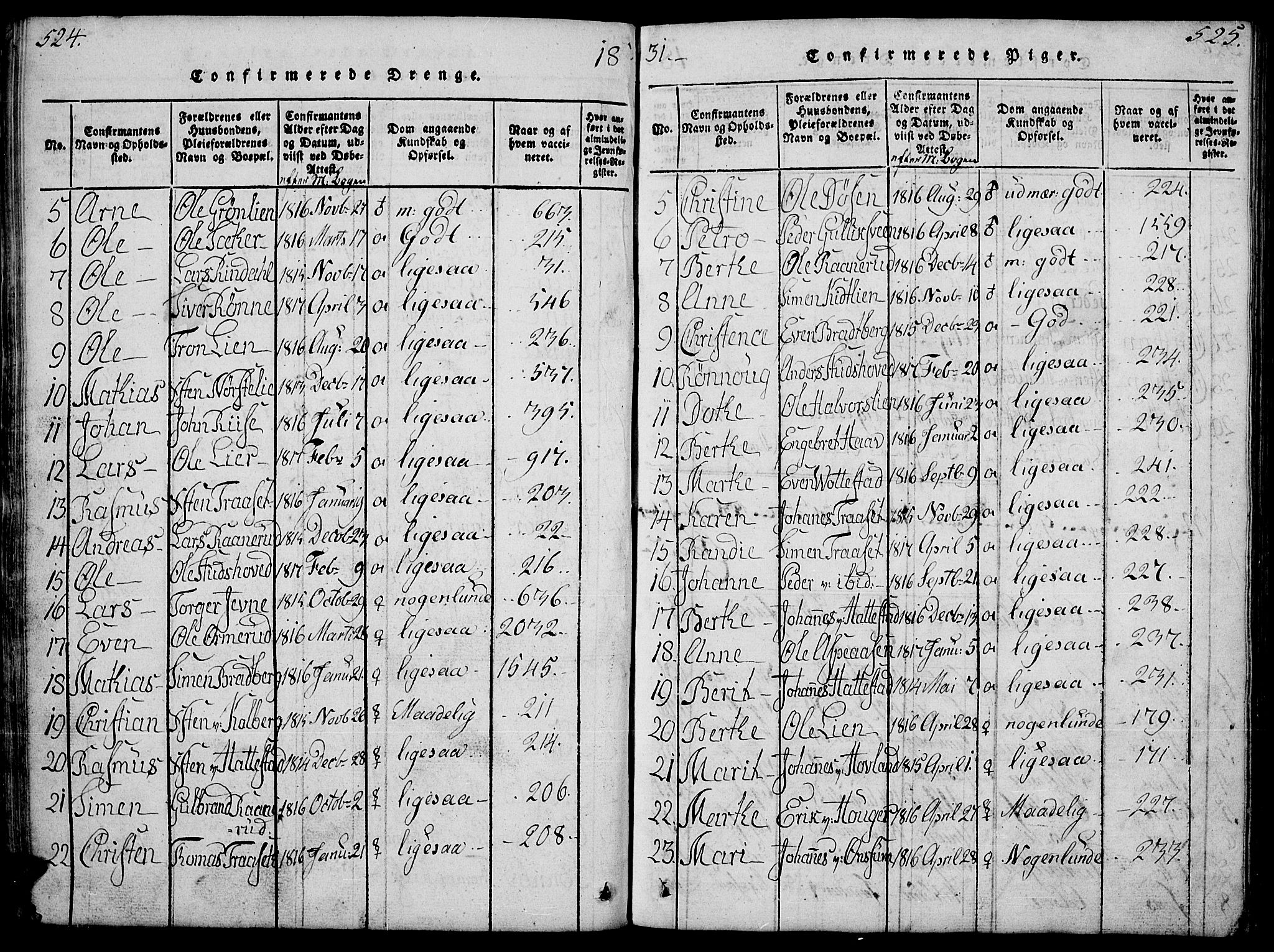 Fåberg prestekontor, SAH/PREST-086/H/Ha/Hab/L0004: Parish register (copy) no. 4, 1818-1837, p. 524-525