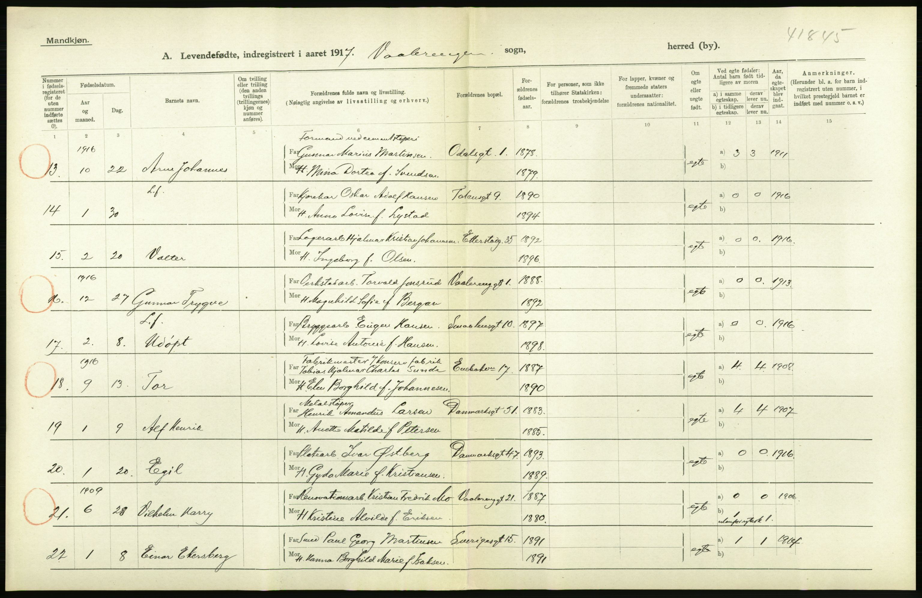 Statistisk sentralbyrå, Sosiodemografiske emner, Befolkning, RA/S-2228/D/Df/Dfb/Dfbg/L0006: Kristiania: Levendefødte menn og kvinner., 1917, p. 318